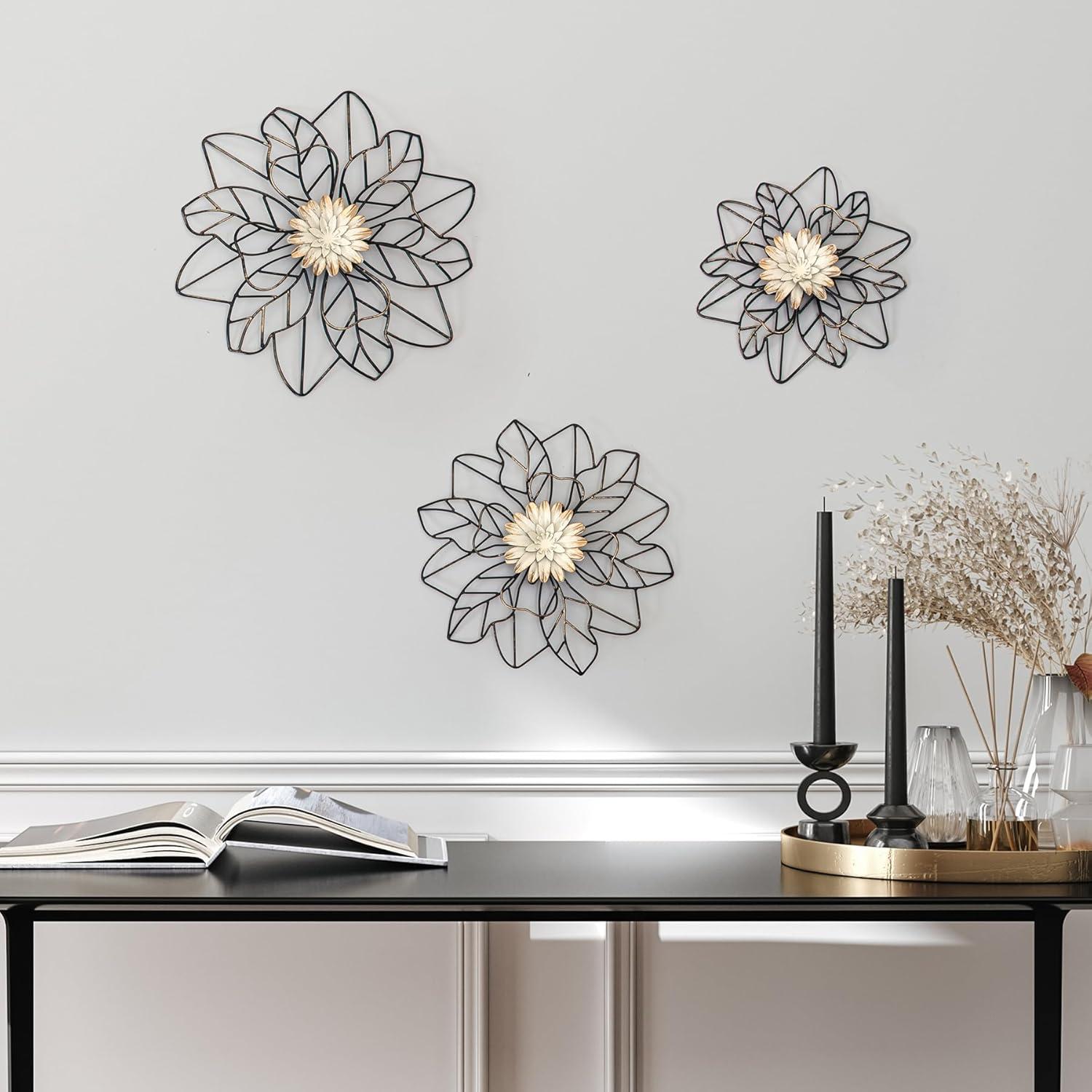 Brewster (Set of 3) Maggie Black Flower Metal Wall Arts: Iron Sculptures, Modern Decor, Botanical Theme