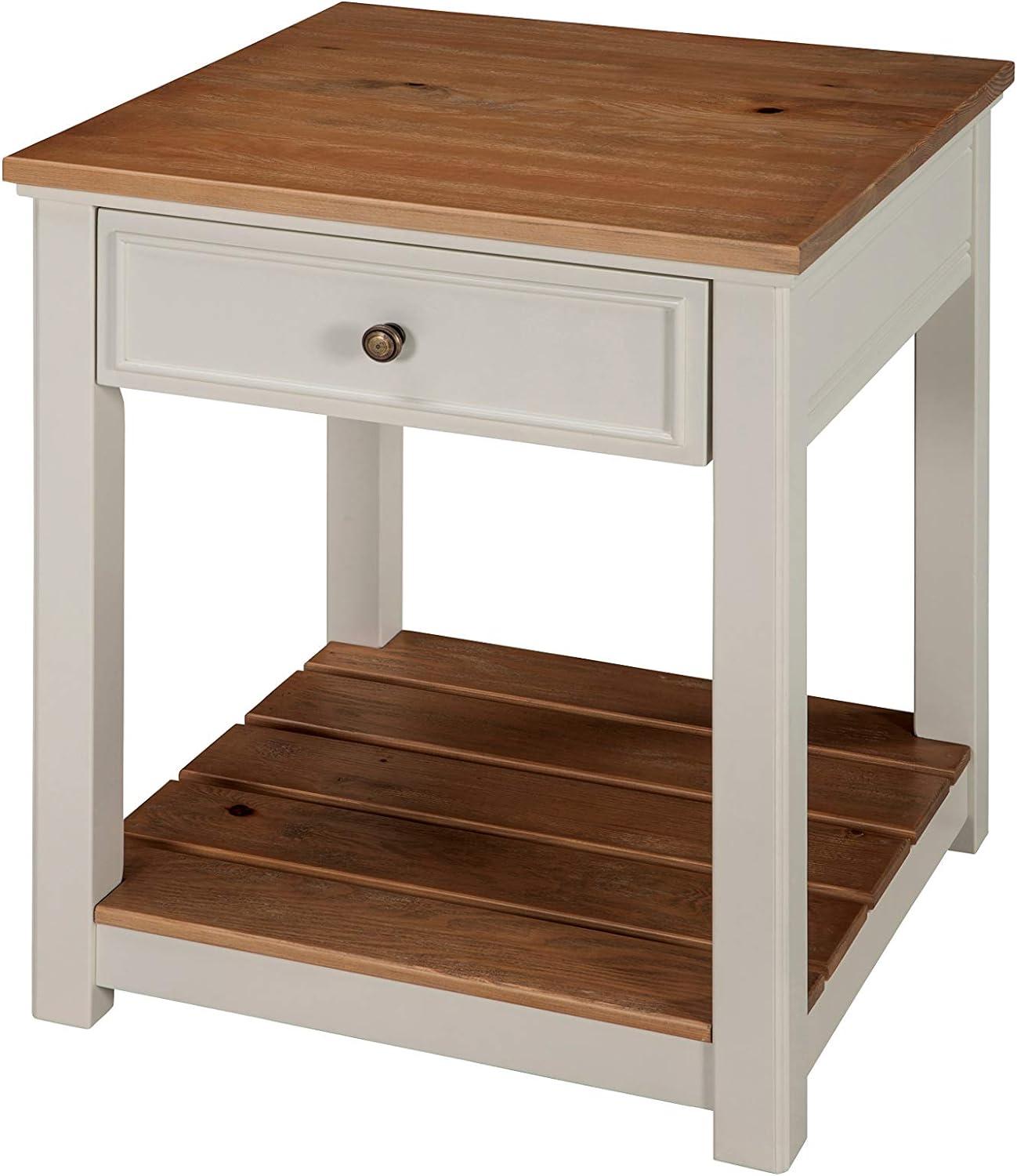 Savannah Coastal Ivory End Table with Natural Wood Top and Storage