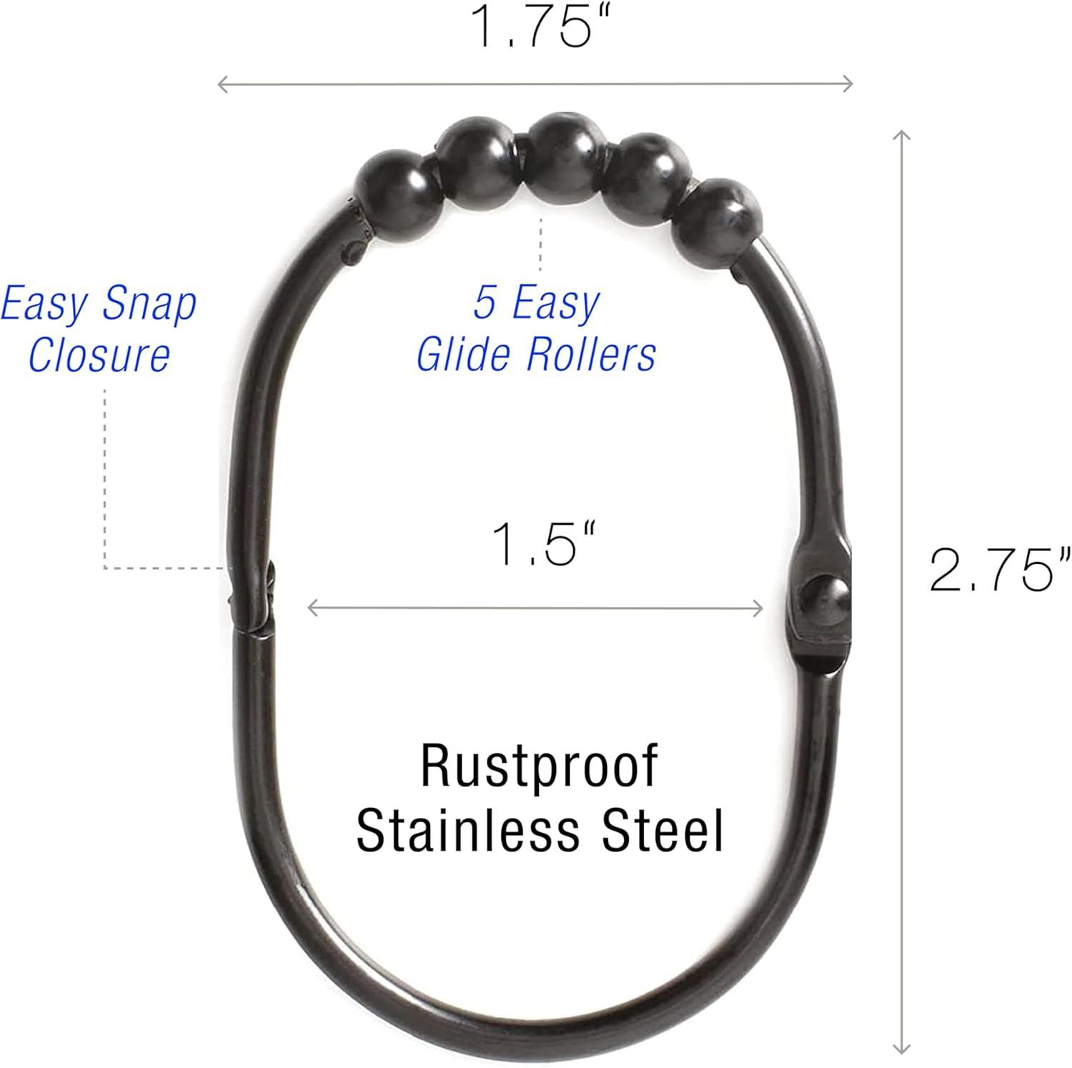 Black Stainless Steel Wide Shower Curtain Ring Hooks Set