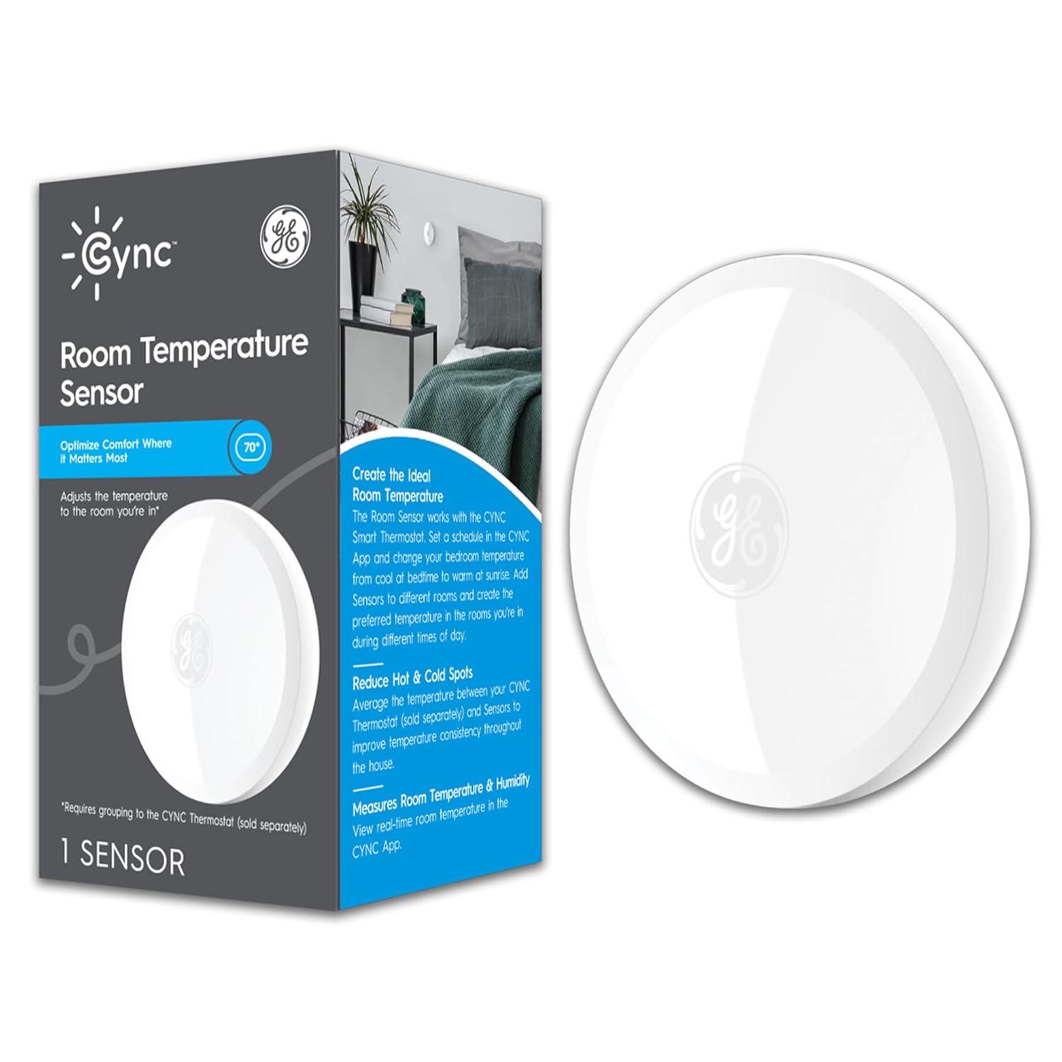 GE CYNC Smart Room Temperature Sensor: White Plastic Thermostat with CR2025 Battery, No Certifications
