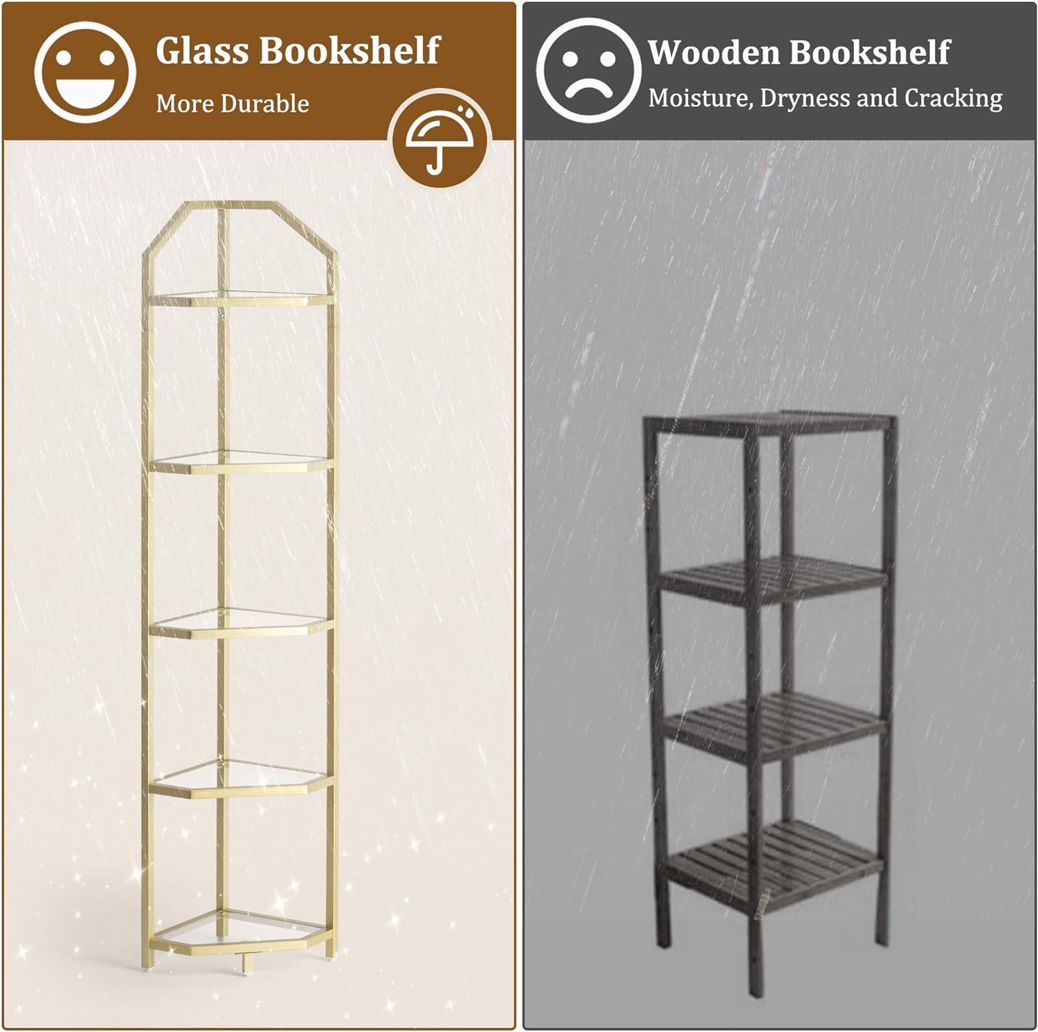 Gold 5-Tier Corner Bookshelf with Tempered Glass Shelves