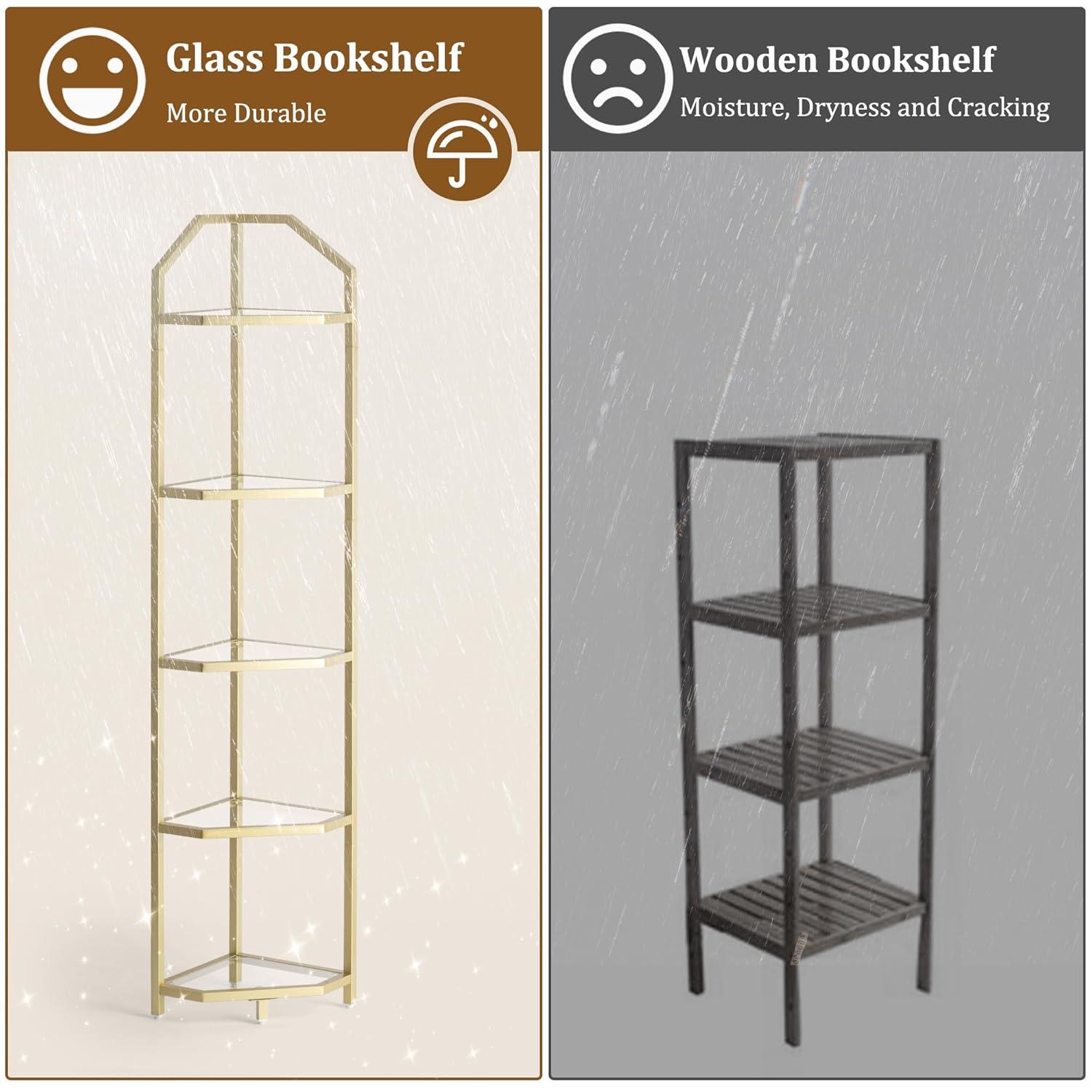 Gold 5-Tier Corner Bookshelf with Tempered Glass Shelves