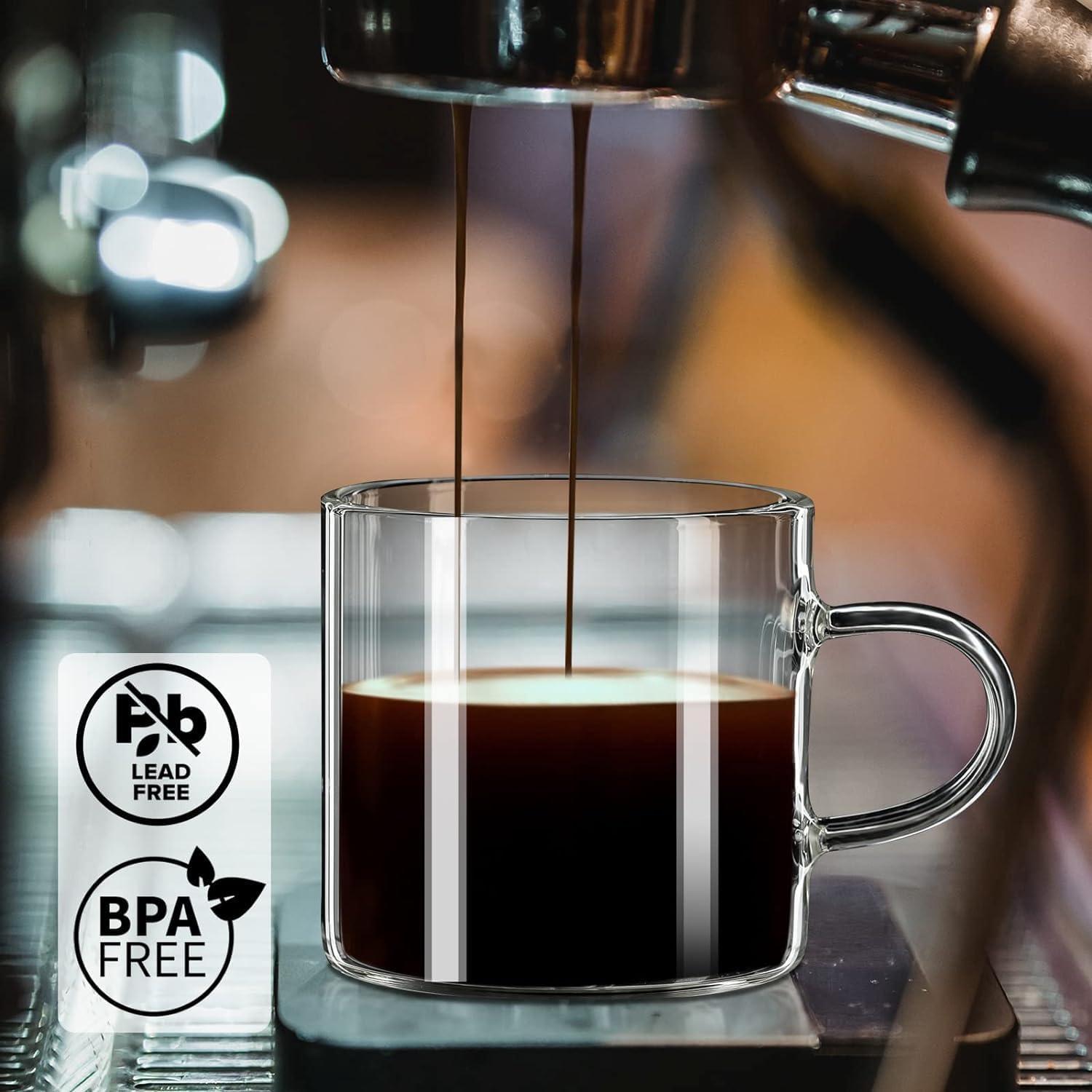 PARACITY Espresso Cups Set of 4, Insulated Espresso Accessories 4.3 OZ, High Borosilicate Espresso Shot Glass, Clear Glass Expresso Coffee Cup with Handle, Small Tea Cups