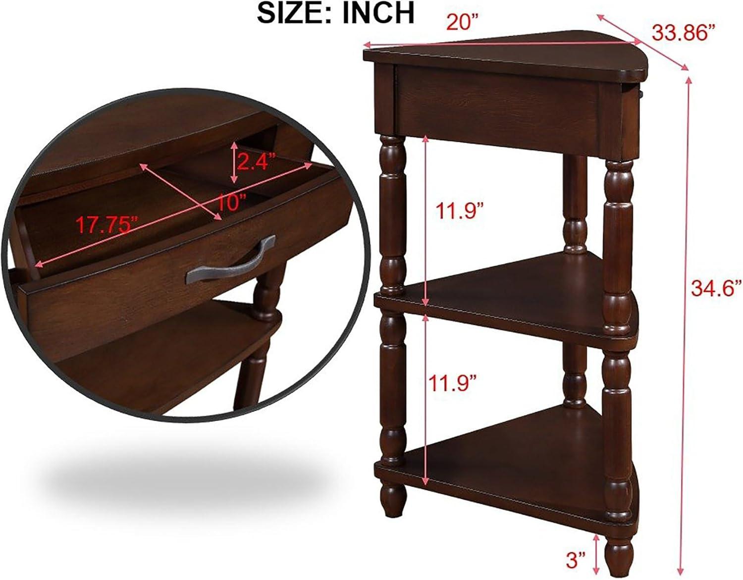 Light Espresso Triangular Wood Corner Table with Drawer and Shelves