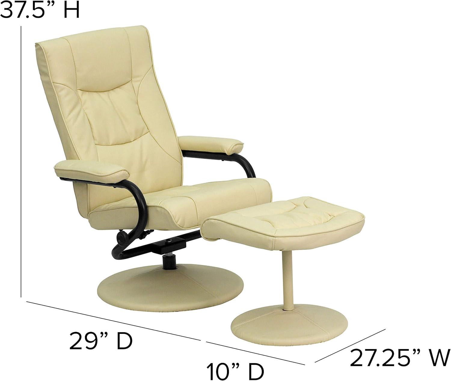 Cream Leather Swivel Recliner with Ottoman and Metal Base