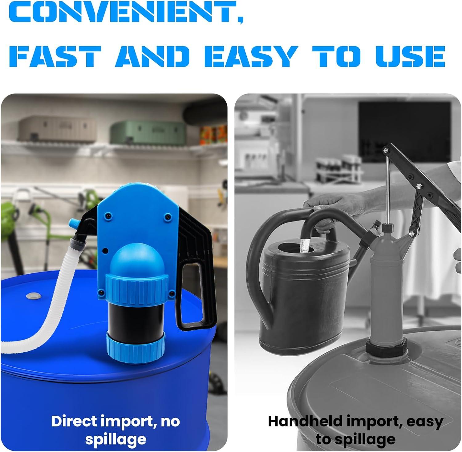 Lever-operated Drum Pumps.55 Gallon Plastic Hand Lever Drum Pump is 1 Pint Per Stroke.Lever Action Drum Pump for High Viscosity Oils, Agricultural Chemicals with 2 Meters of 3/4” Corrugated Hose