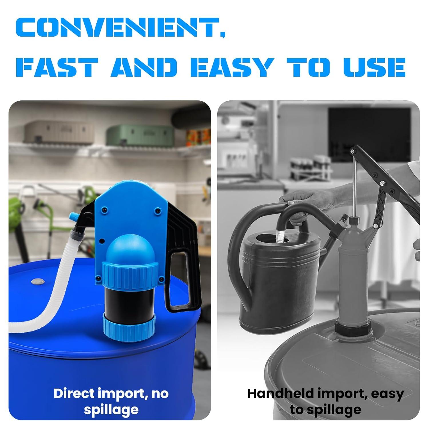 Lever-operated Drum Pumps.55 Gallon Plastic Hand Lever Drum Pump is 1 Pint Per Stroke.Lever Action Drum Pump for High Viscosity Oils, Agricultural Chemicals with 2 Meters of 3/4” Corrugated Hose