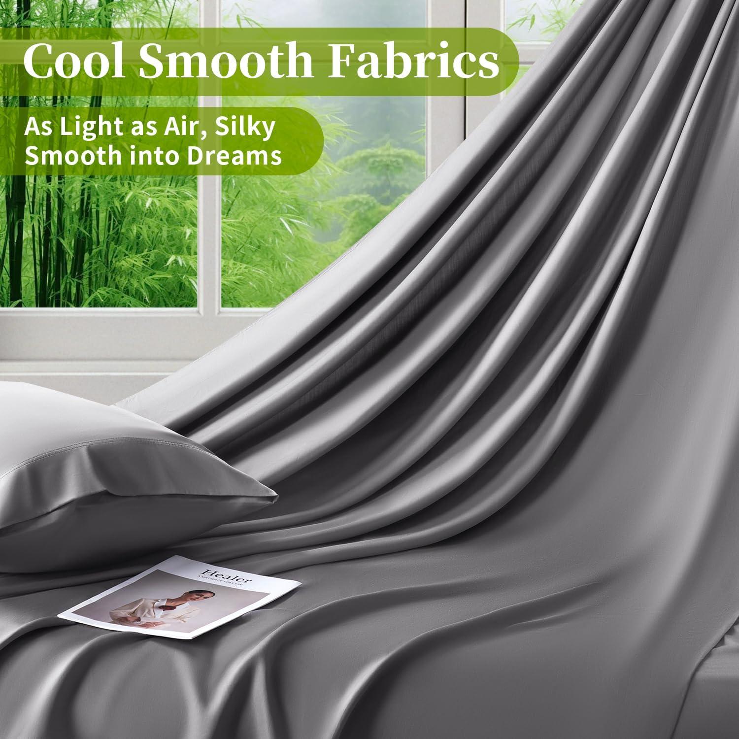 Shilucheng 100% Organic Cooling Bamboo Bed Sheets, King Sheet Sets 4 PC, 1800 Series Sheets with 16" Deep Pocket, Gray