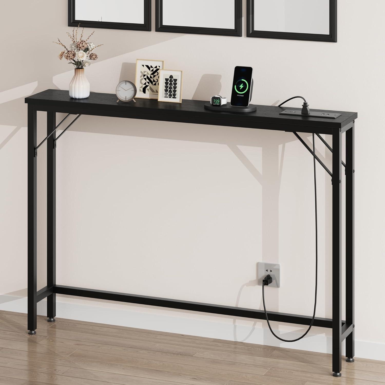 Garvee 5.9" Narrow Sofa Table with Outlets, Skinny Console Table with Storage, Slim Behind Couch Table for Living Room, Hallway, Foyer, Black