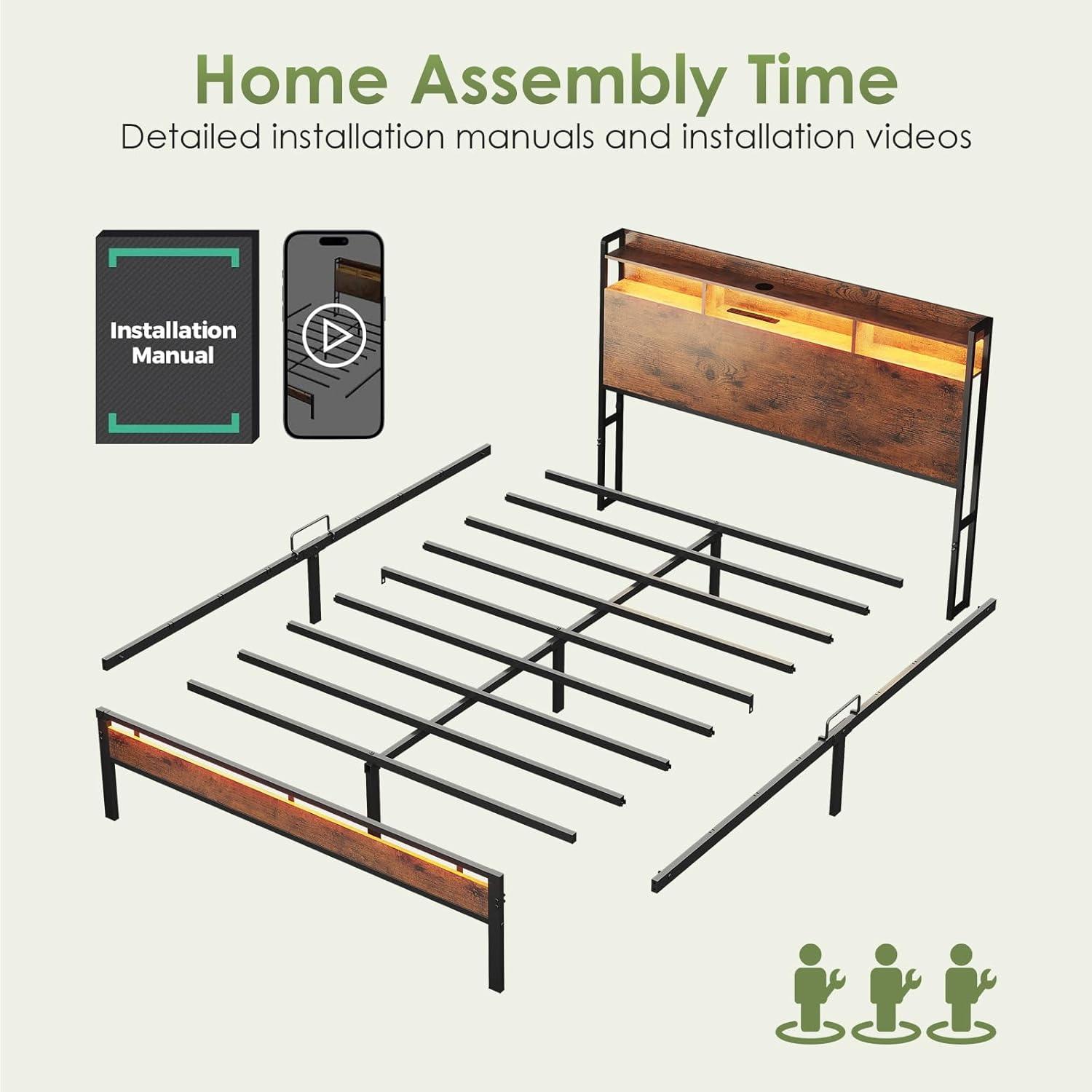 KKL Twin Bed Frames, Storage Headboard with Charging Station, RGB Light Strips, Solid and Stable, Noise Free, No Box Spring Needed, Easy Assembly, Rustic Brown