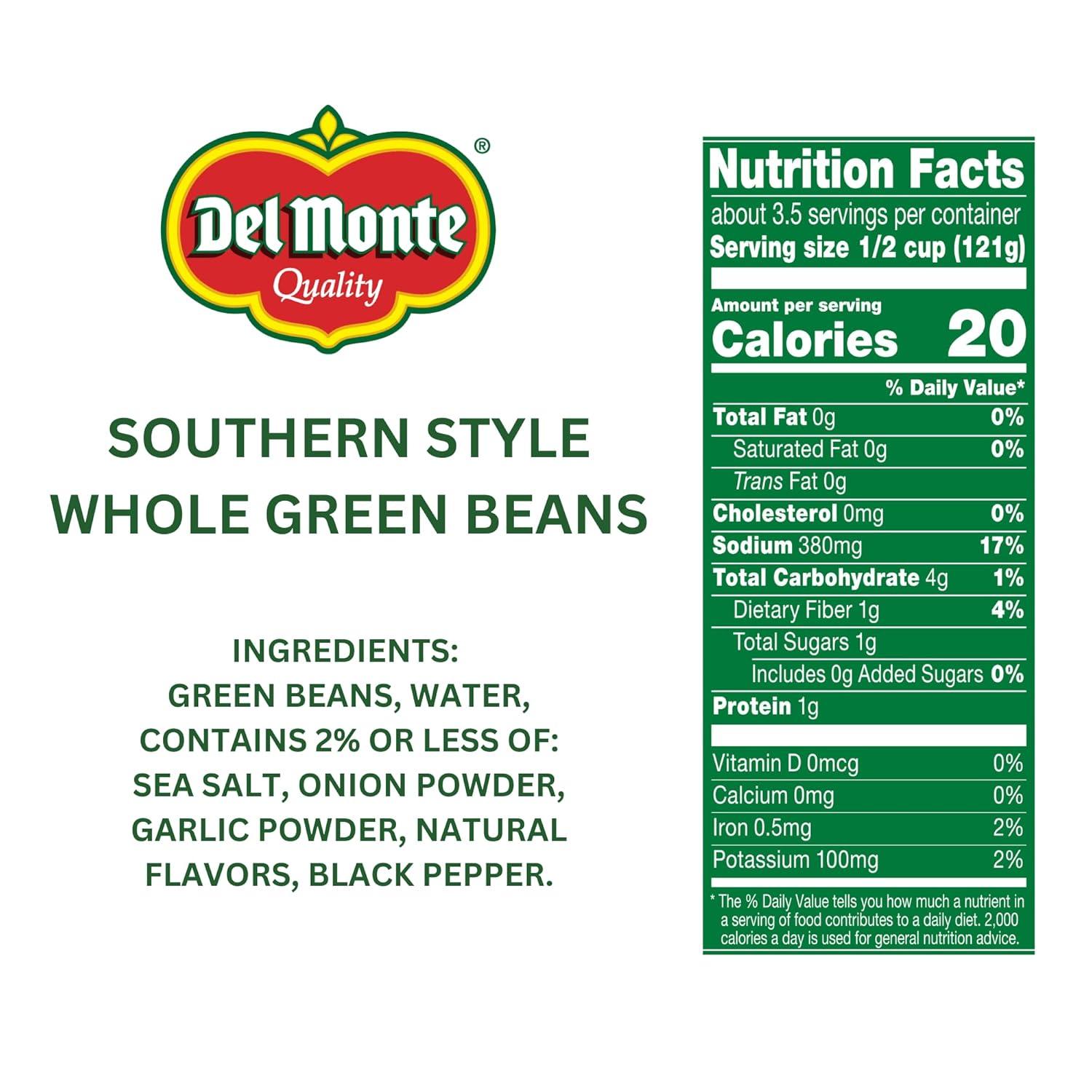 (12 pack) Del Monte Southern Style Whole Green Beans, Canned Vegetables, 14.5 oz Can
