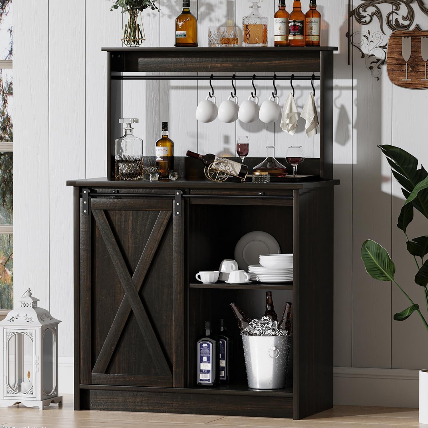 Dark Oak Farmhouse Coffee Bar Cabinet with Hutch and Sliding Barn Door