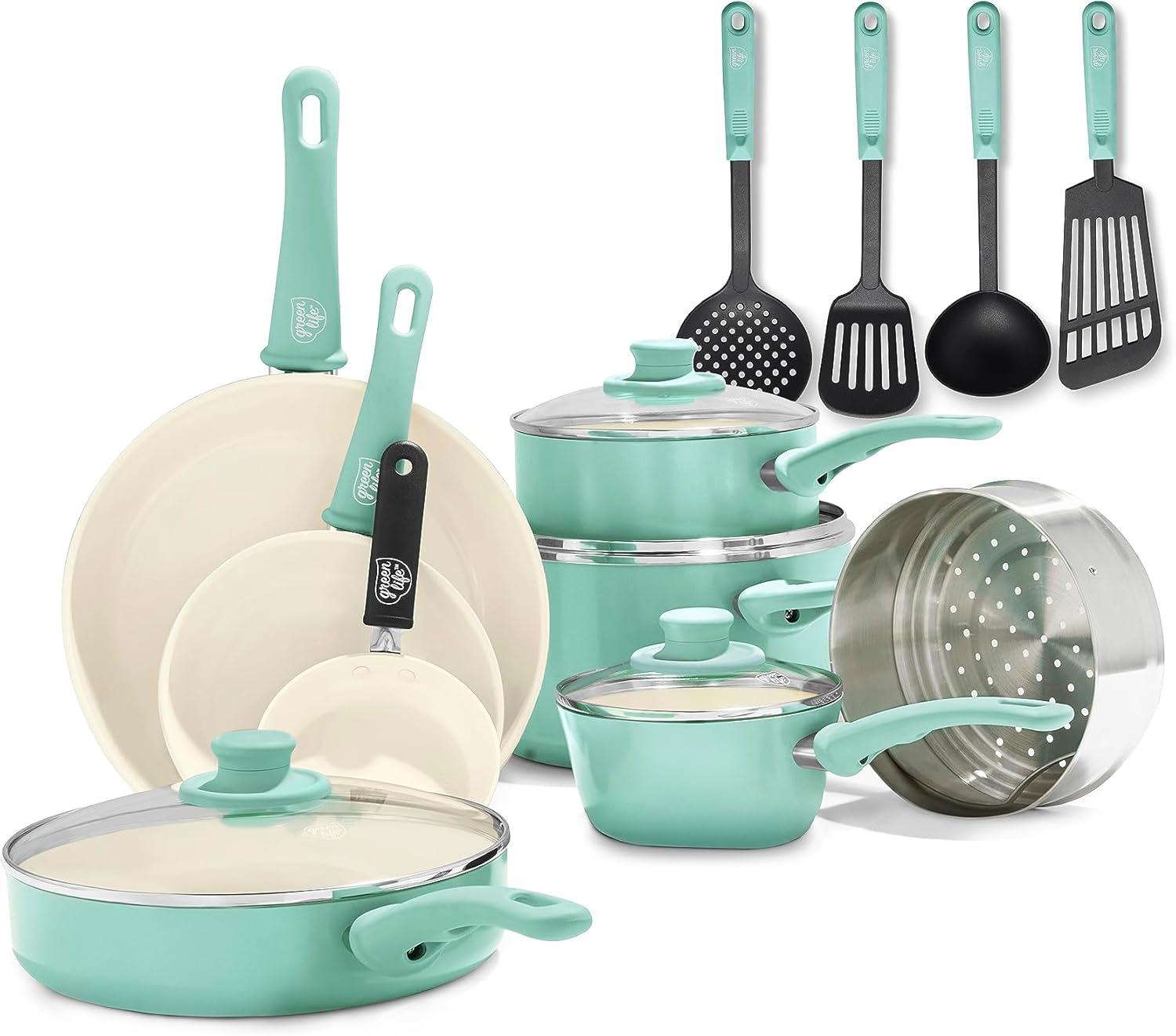 Turquoise Aluminum 16-Piece Nonstick Cookware Set with Glass Lids