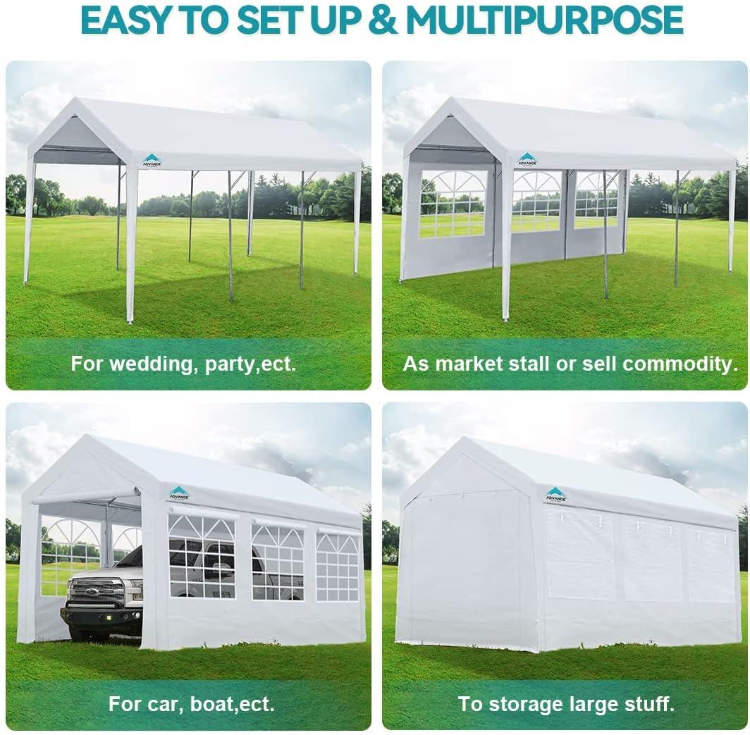 ADVANCE OUTDOOR 10'x20' Heavy Duty Steel Carport Car Canopy, Adjustable Height from 9.5ft to 11ft with Removable Window Sidewalls and Doors, White