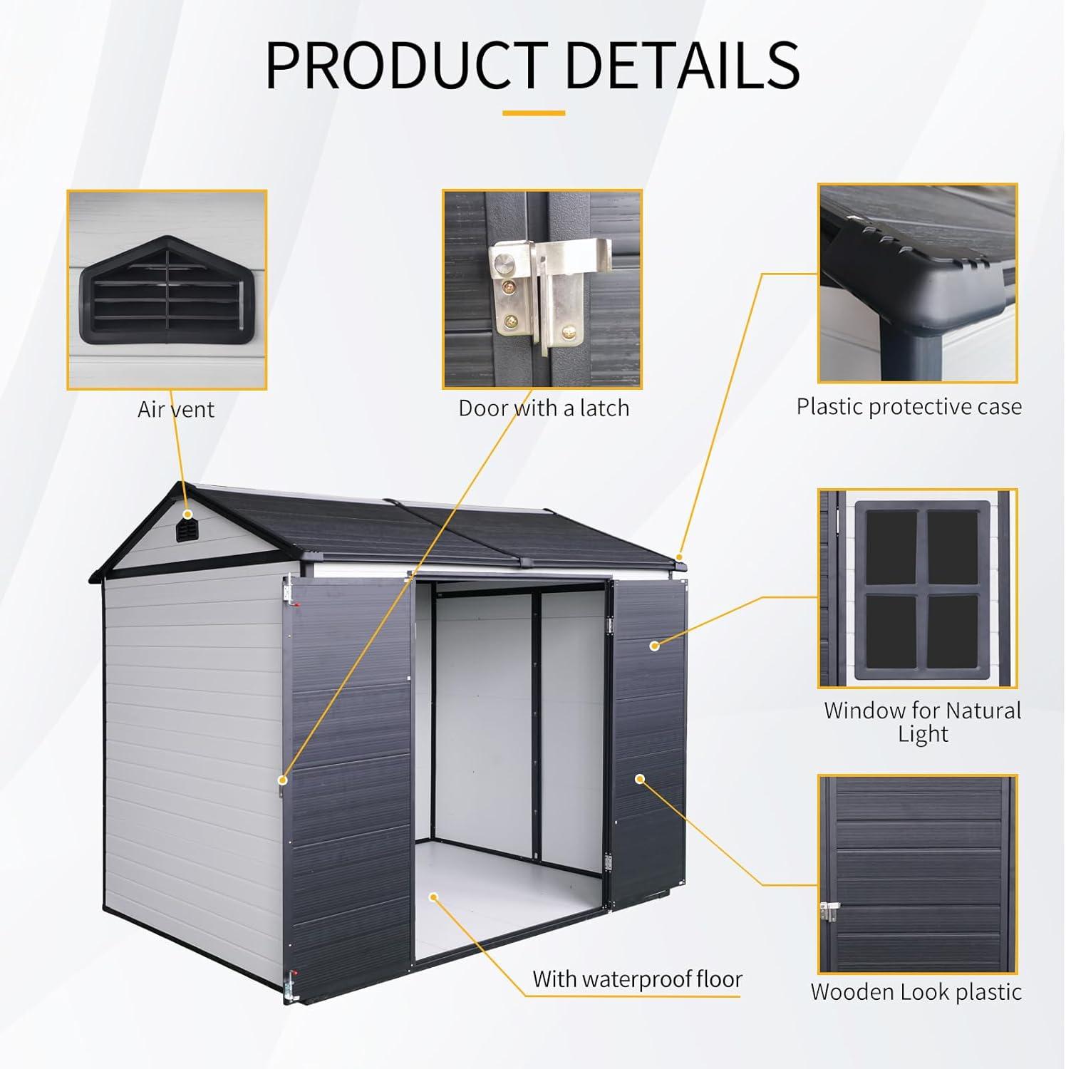 Tryimagine 8 X 6 Ft Resin Outdoor Storage Shed Waterproof Shed With Floor & Two Windows & Lockable Door, Tool Shed For Garden, Patio, Backyard