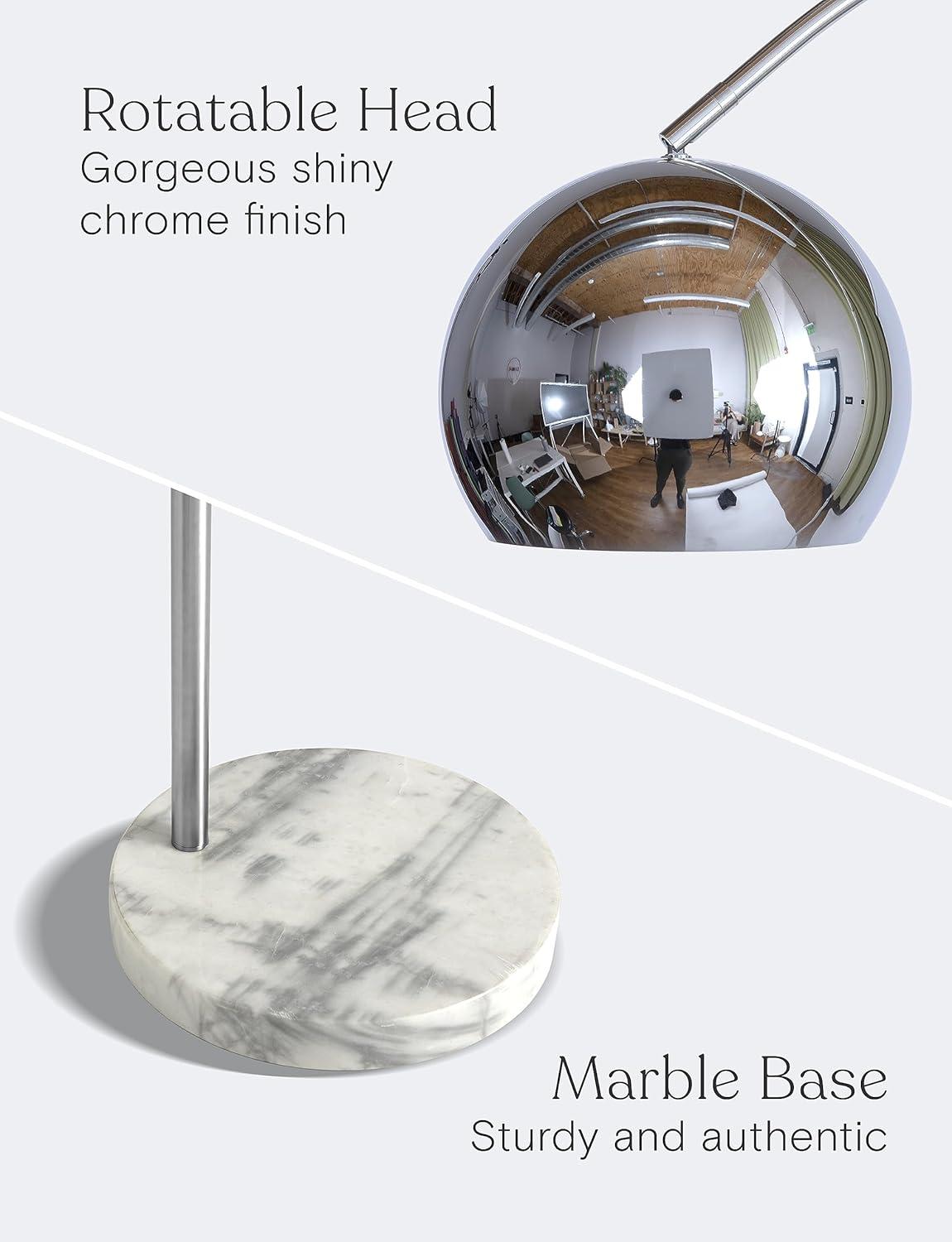 Brightech Olivia 75" Modern Industrial LED Arc Floor Lamp with Silver Chrome Finish, White Marble Base, and Metal Bowl Shade, Bulb Included