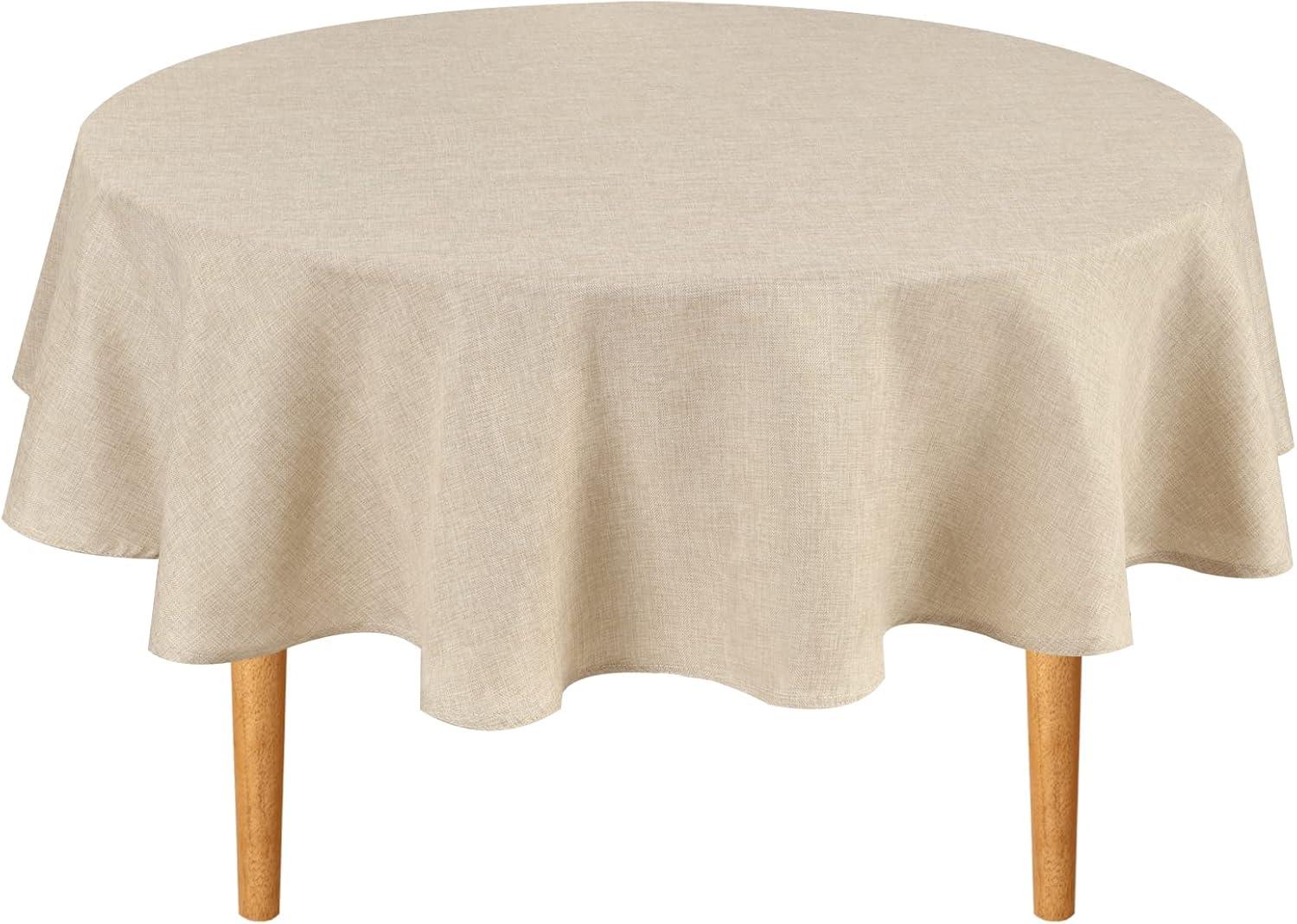 Hokku Designs Round Linen Tablecloth 90 Inch - Wrinkle And Stain Resistant Washable Polyester Fabric Table Cloth For Dining Room Kitchen Party, Beige