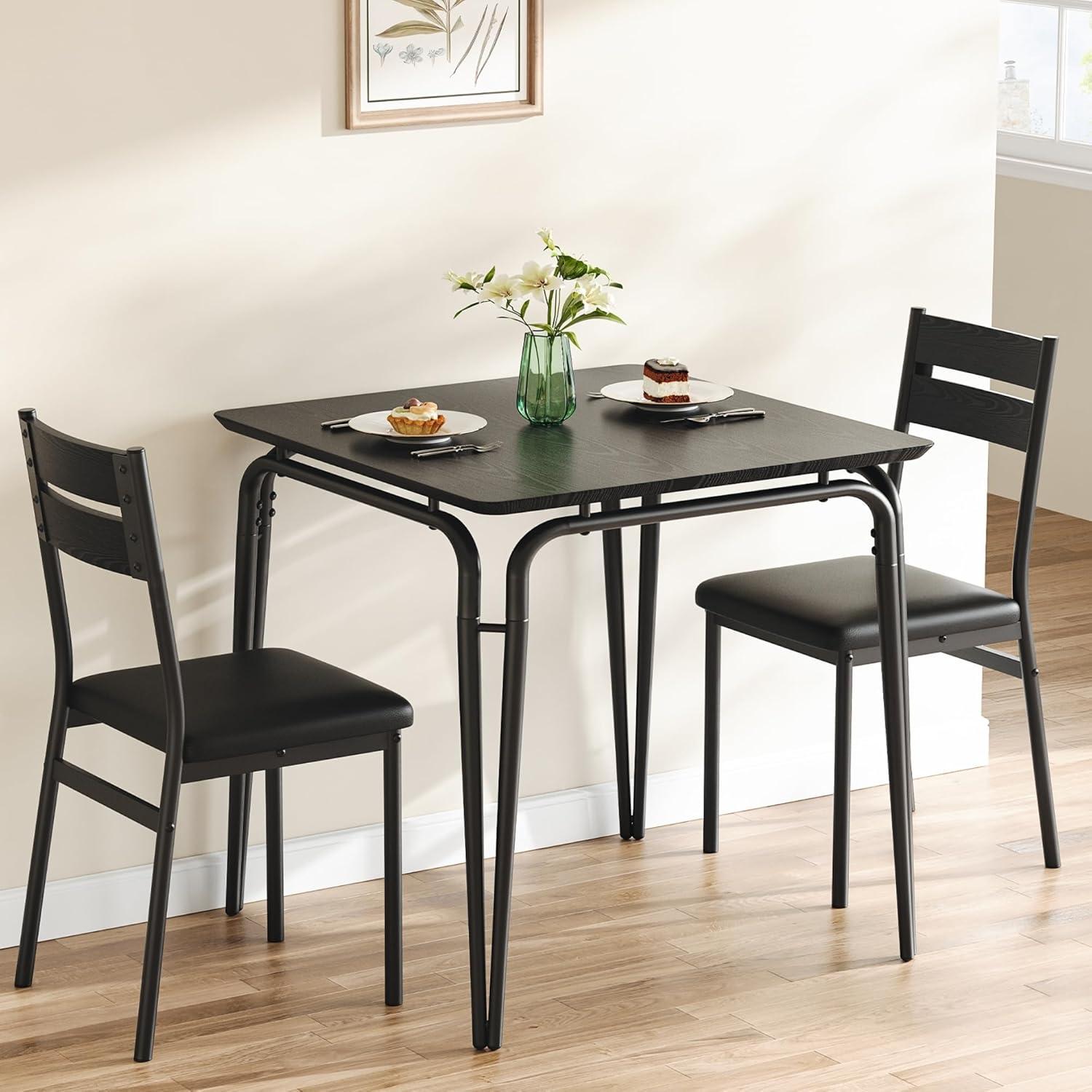 Small Kitchen Table for 2,Table and Chairs Set of 2, Dinette Set for 2, Square Dinner Table Set, 3 Piece Kitchen & Dining Room Sets for Small Space, Apartment, Home Office