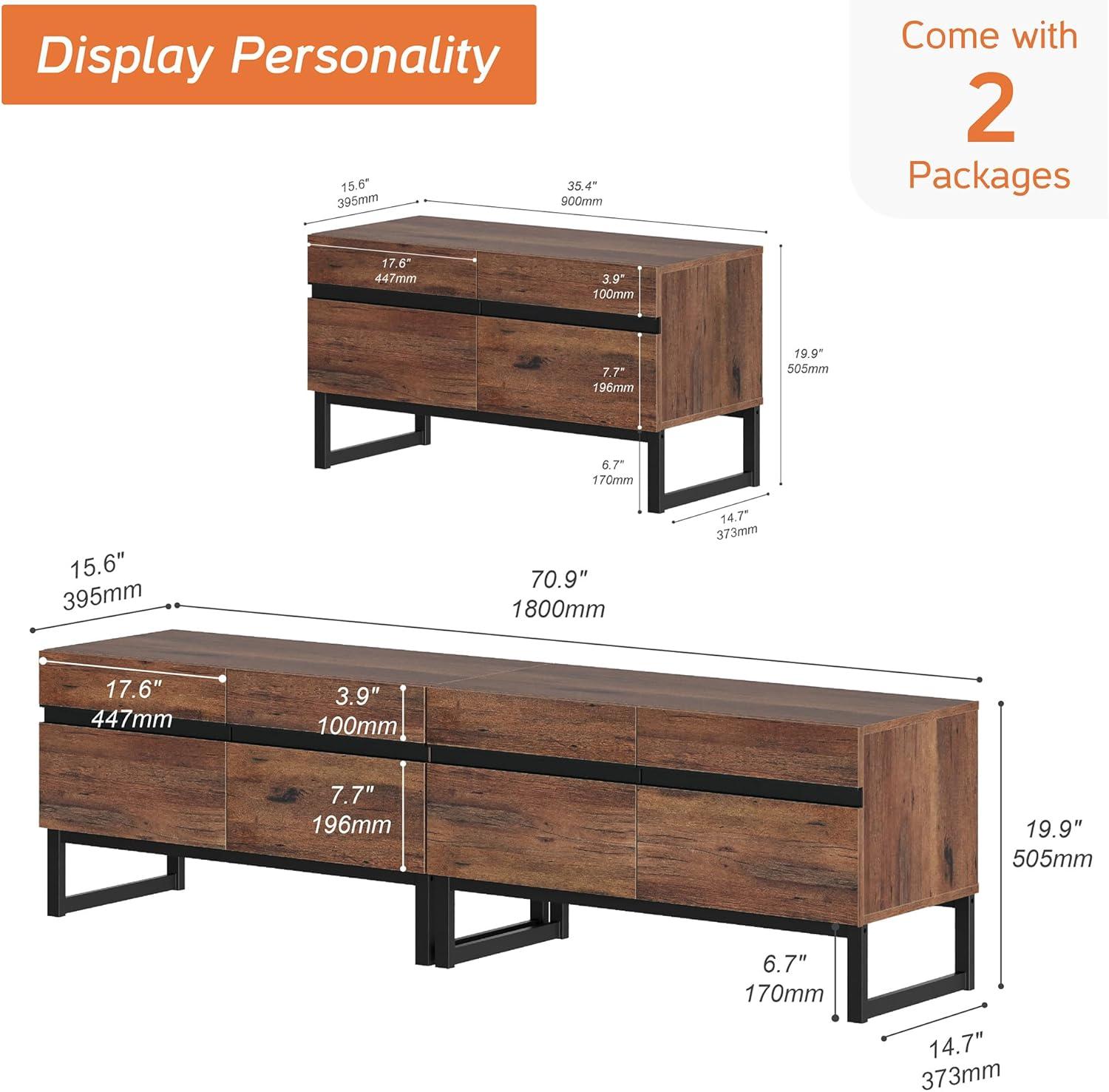 WAMPAT Modern TV Stand for TVs up to 75 inch, 2 in 1 Entertainment Center TV Console with Storage Cabinets and Metal Base,Media Console for Living Room,Brown