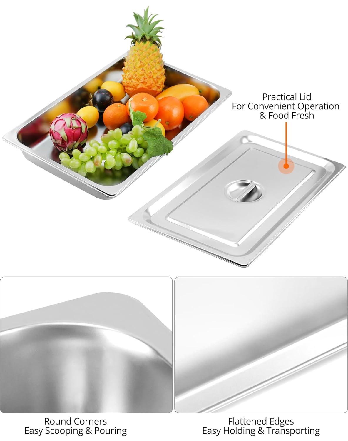 QWORK Stainless Steel Full Size 1/1 Chafing Dish Pan Set, 4 Pack 2.56" Deep 0.03" Thick 8.5L Heat-Resistant Pans with Lids, Steam Table Pans for Catering & Food Service