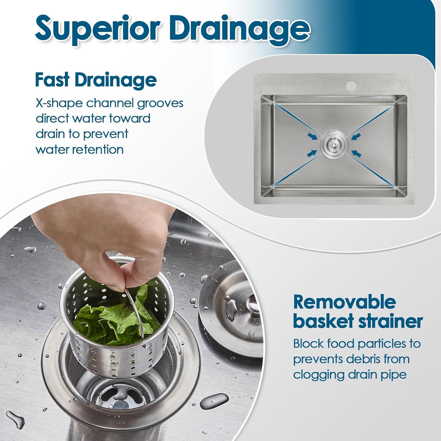 ROVOGO 24 inch Kitchen Sink Drop in, 304 Stainless Steel Single Bowl Top Mount, 9 inch Deep Modern Sink for Kitchen, Brushed, 24"x18"x9"