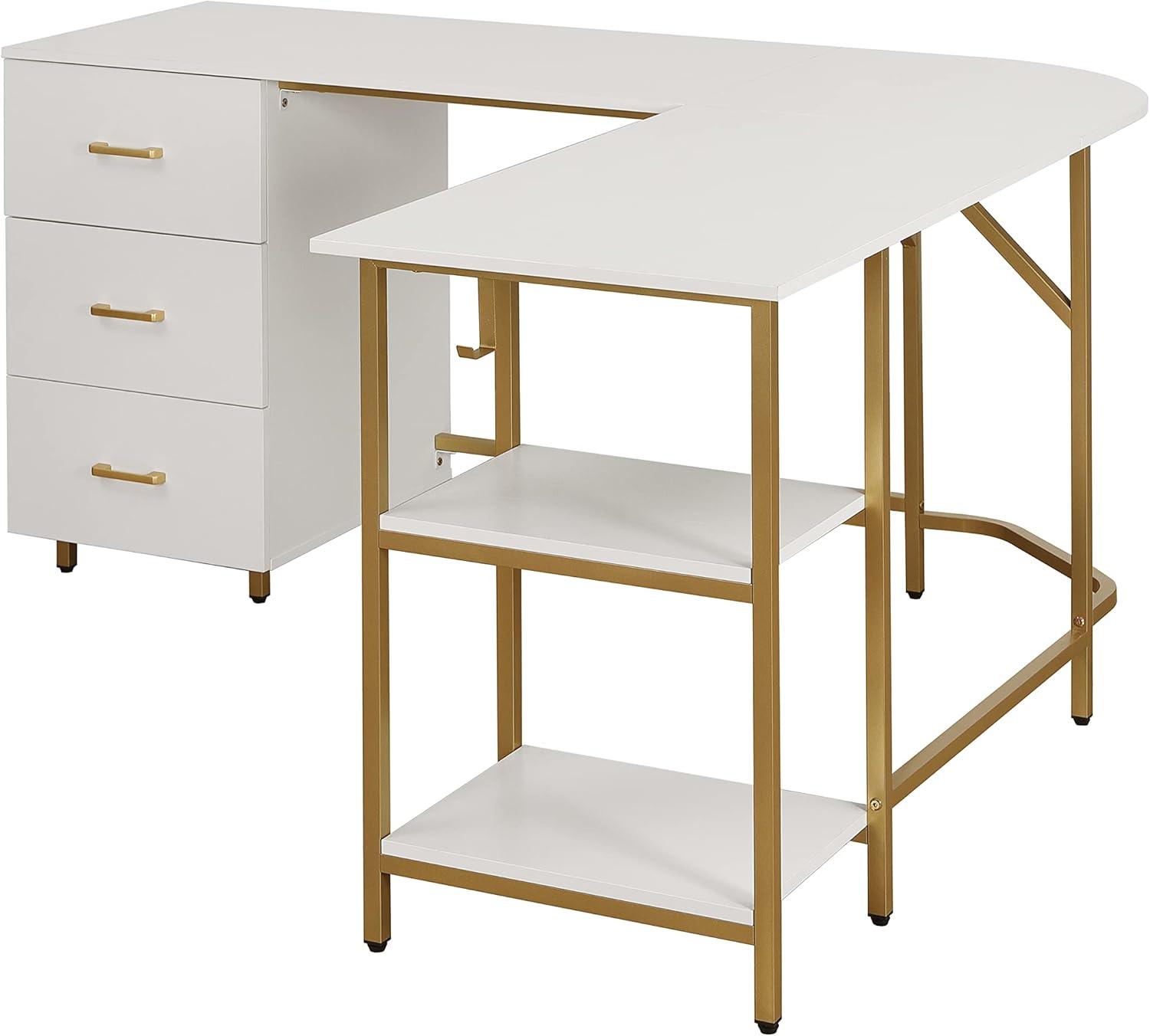 Techni Mobili L-Shape Home Office Desk with Storage, Gold/White