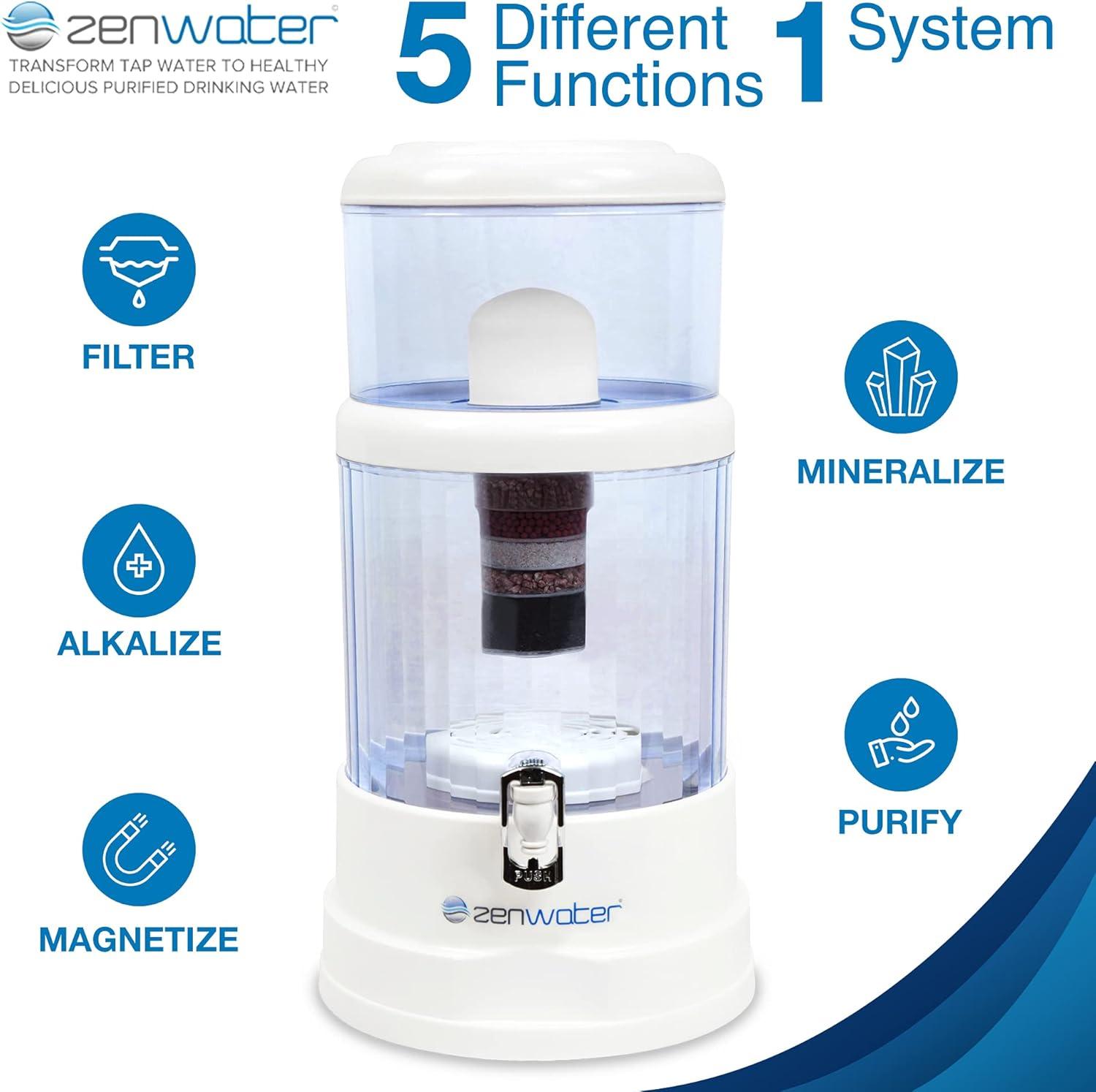 ZENWATER 8 Stage Gravity Water Filteration System - Portable Countertop Water Filter System - Alkaline Water Filter System - 6 Gallon