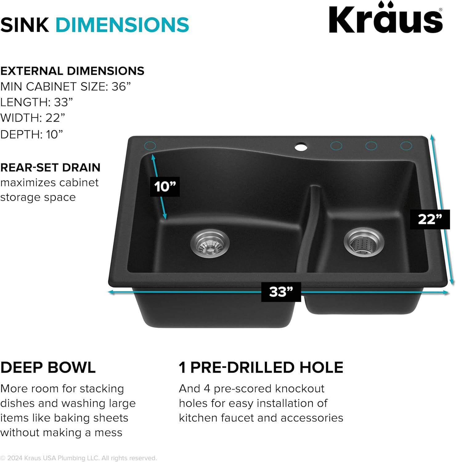 KRAUS Quarza™ 33" L Dual Mount 60/40 Double Bowl Granite Kitchen Sink