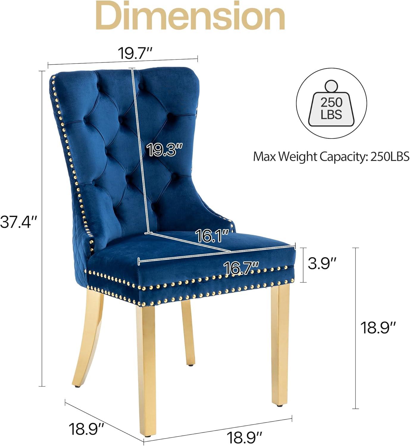 Velvet Upholstered Dining Chairs, Set of 2, Dining Room Tufted Chair, Modern Button Tufted Armless Chairs with Nailhead Trim and Back Ring Pull, Gold Legs, for Dining Room, Kitchen, Navy