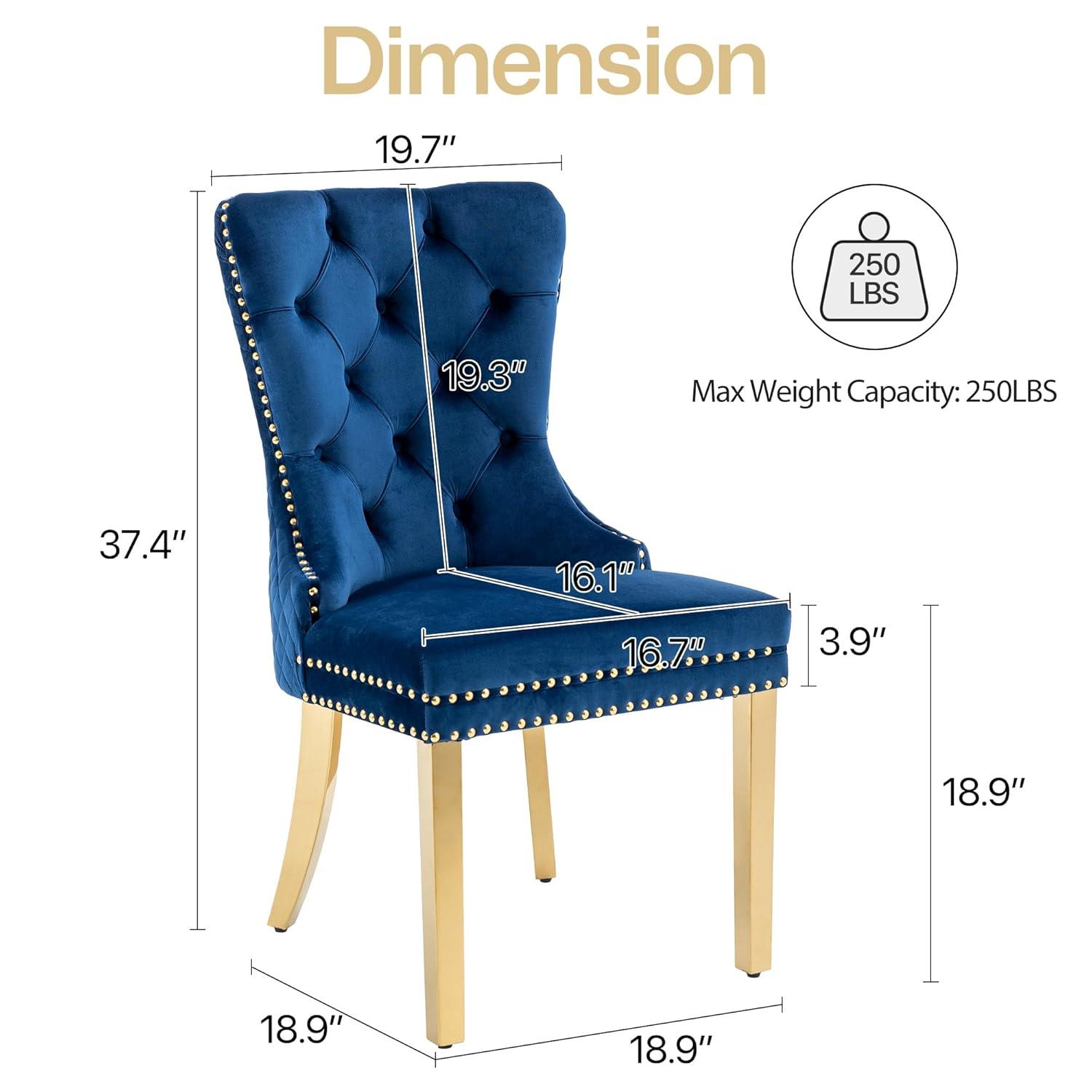 Velvet Upholstered Dining Chairs, Set of 2, Dining Room Tufted Chair, Modern Button Tufted Armless Chairs with Nailhead Trim and Back Ring Pull, Gold Legs, for Dining Room, Kitchen, Navy