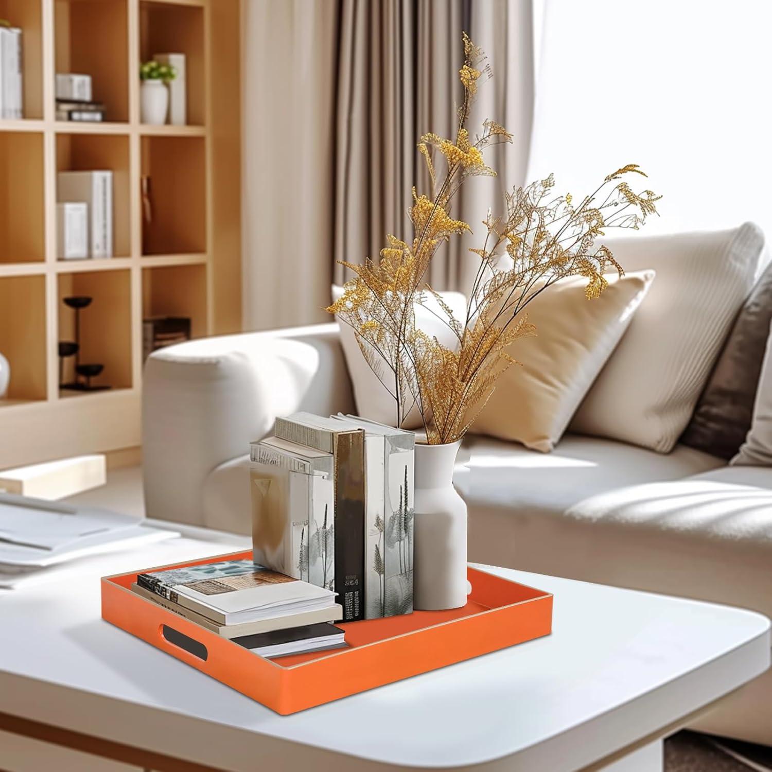 Orange Plastic Square Serving Tray with Handles and Gold Trim