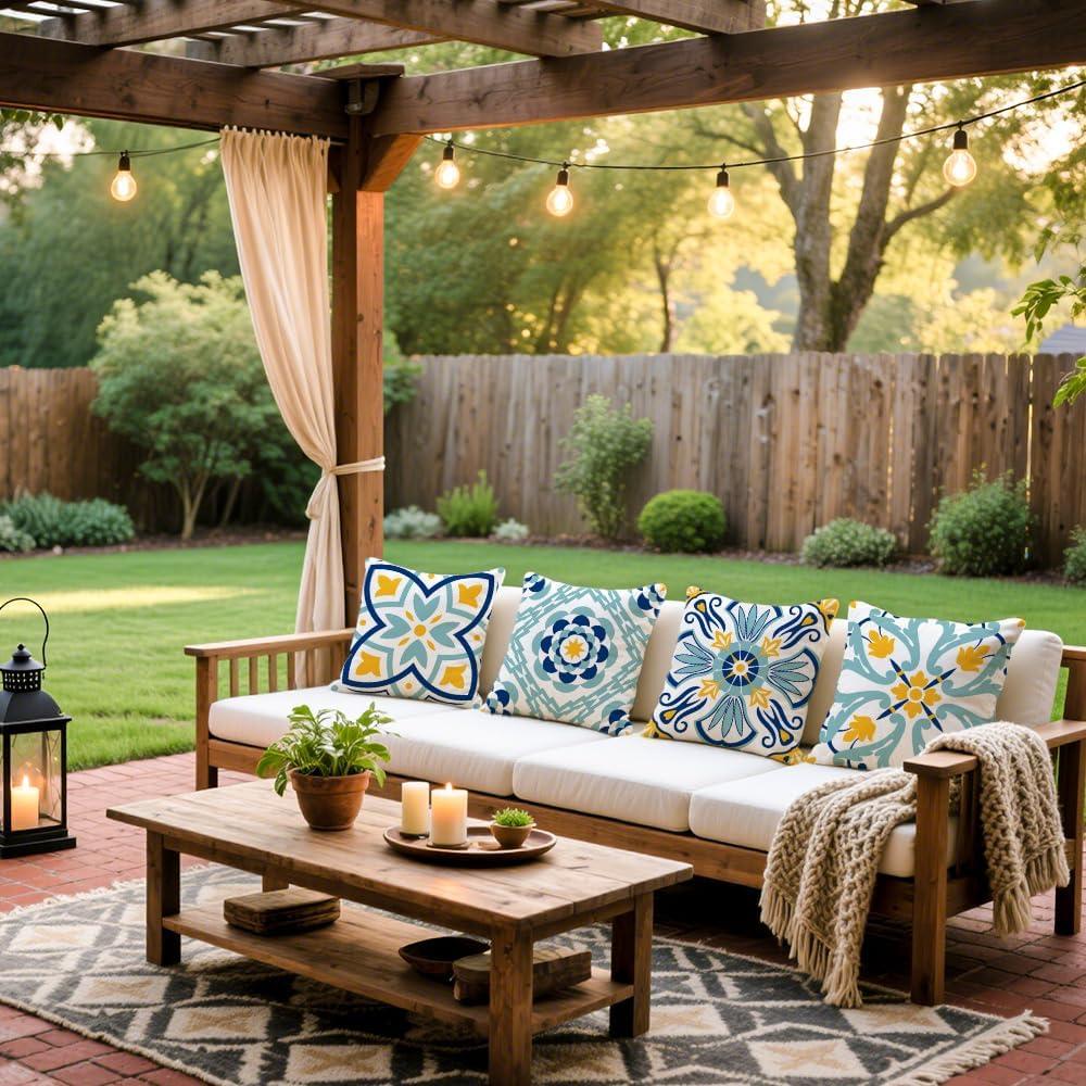 Outdoor Pillows, Outdoor Pillow Covers 18x18 Set of 4 Waterproof Decorative Throw Pillow Covers Boho Decorations for Patio, Garden, Balcony