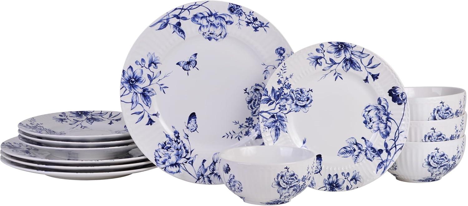222 Fifth 222 Fifth Cassian Embossed Toile Blue Porcelain Dinnerware Set - Service For 4 (Set of 12)