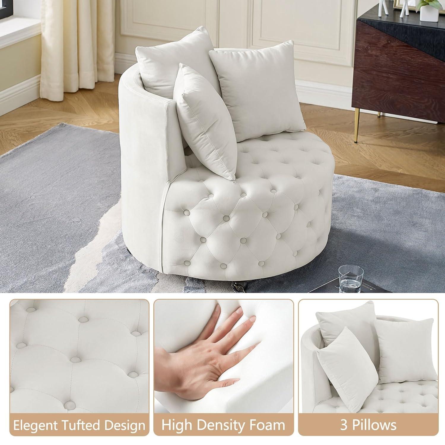 Swivel Barrel Accent Chair, 30in Modern Velvet Round Sofa Chair with 3 Pillows and Wheels, Comfy Tufted Club Lounge Chair for Living Room, Bedroom(Beige)