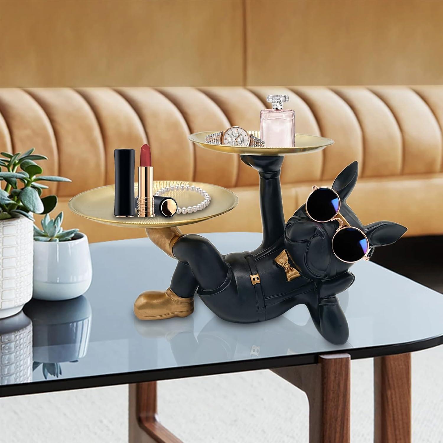 Resin Bulldog Tray Statue, Lying Bulldog Candy Dish Key Holder Bowl, Bulldog Accessories, Statues for Office Desk Home Decor Figurines Entryway Table Decor (Black)