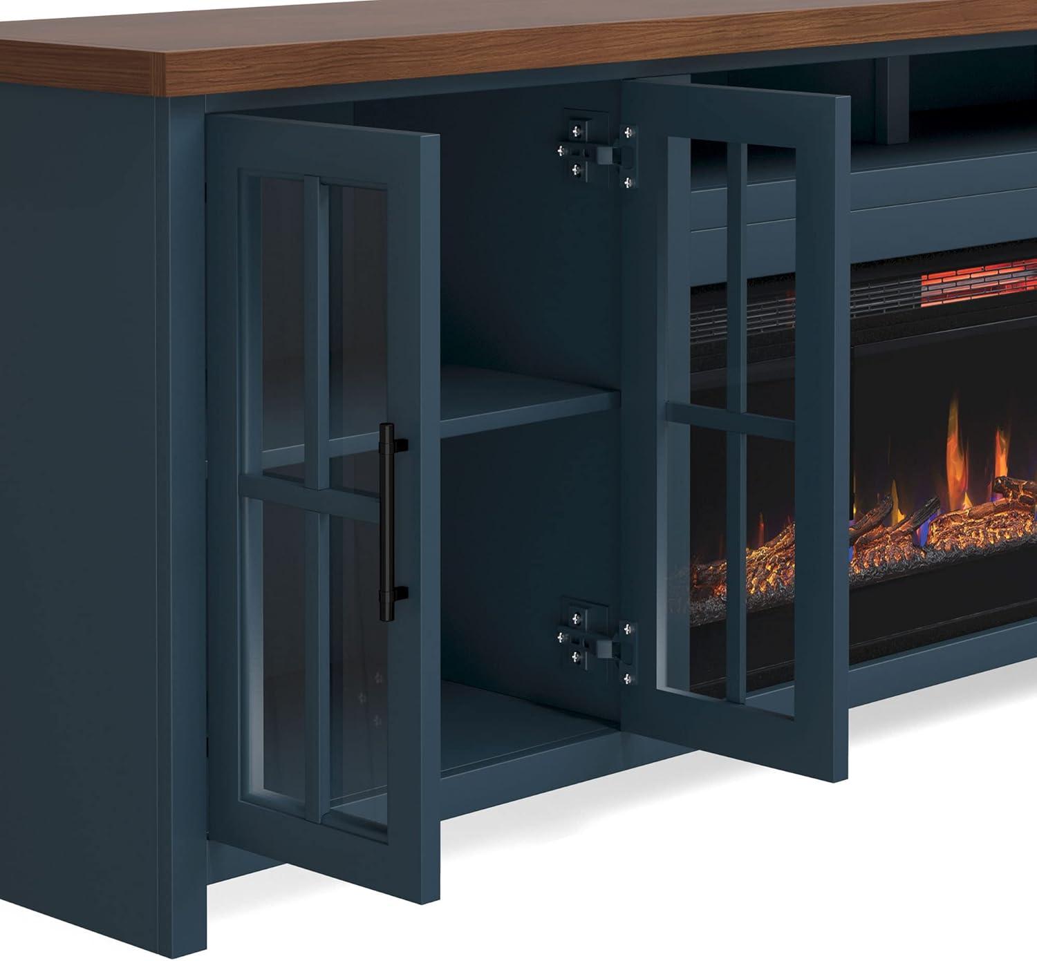 DeeHome Bridgevine Home Nantucket 97 inch Fireplace TV Stand Console for TVs up to 100 inches, Blue Denim and Whiskey Finish