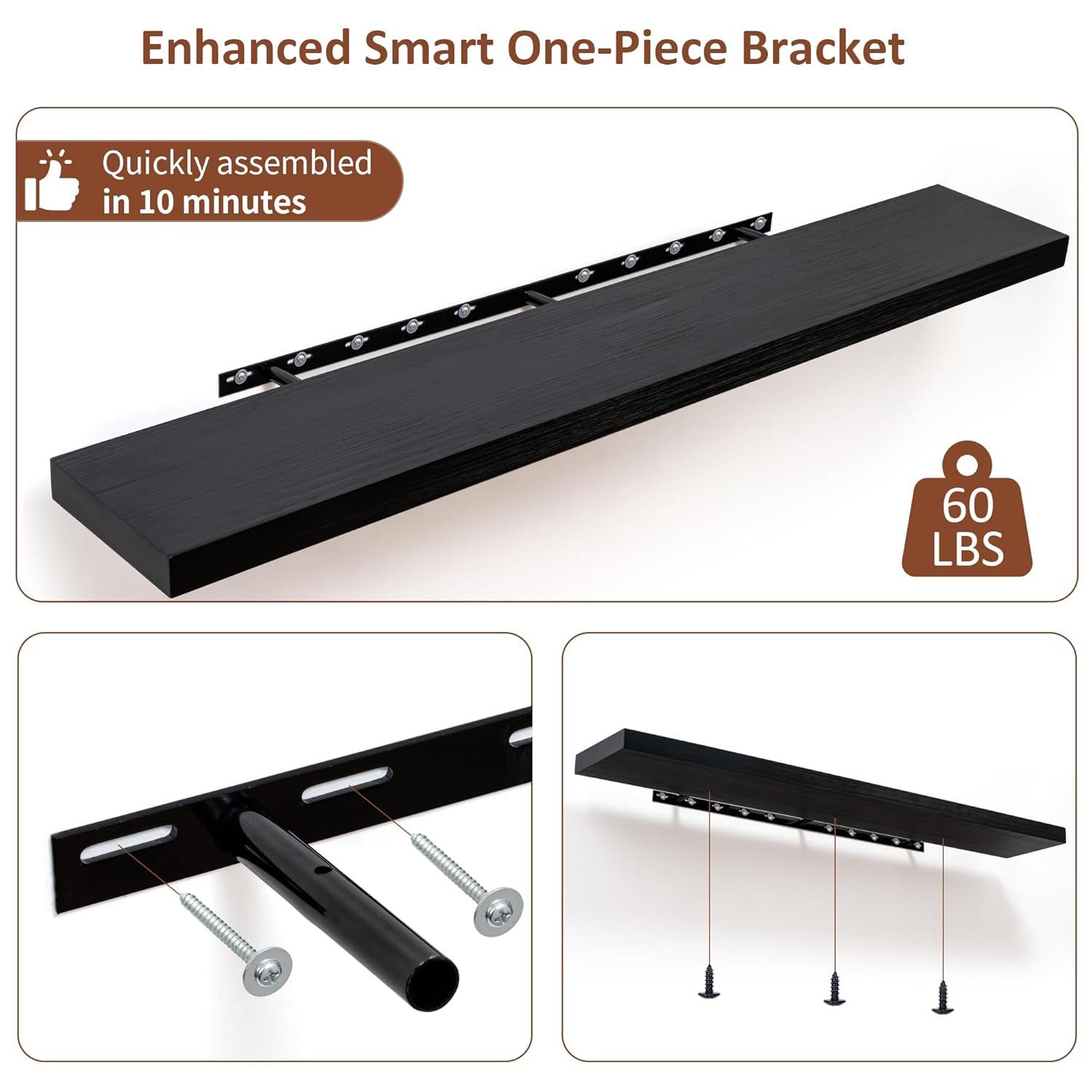 24 Inch Floating Shelves Set of 2, Rustic Solid Wood Wall Mounted Shelves for Decor & Storage, Dark Walnut Shelves for Bedroom Kitchen Living Room - Dark Walnut