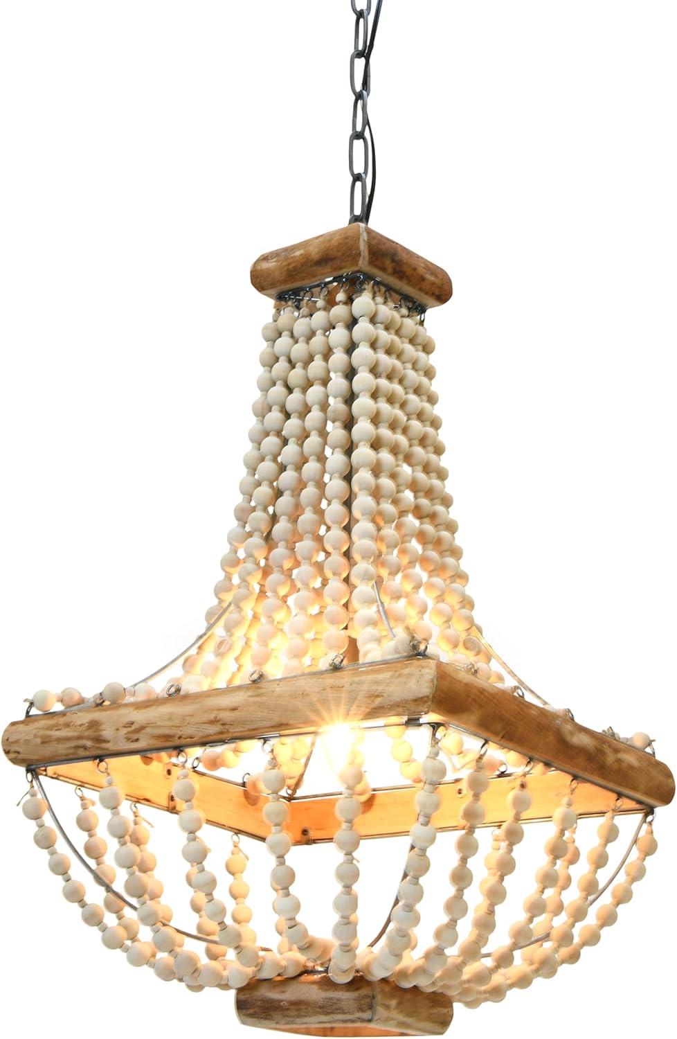 Wood/Metal Framed Chandelier with Wood Bead Draping Cream - Storied Home: Neutral Hue, UL Listed, Adjustable Height