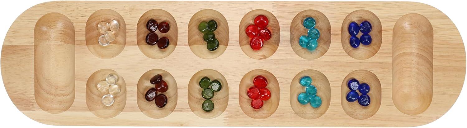 WE Games Mancala Board Game - 22 in., Solid Natural Wood Board and Glass Stones