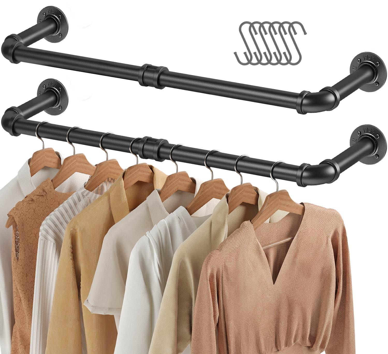 GREENSTELL Wall Mounted Clothes Rack, 69.5in Industrial Pipe Clothing Rack for Hanging Clothes, Space-Saving Closet Rod, Multi-Purpose Hanging Rod for Bedroom, Laundry Room, 3 Base (1 Pack)