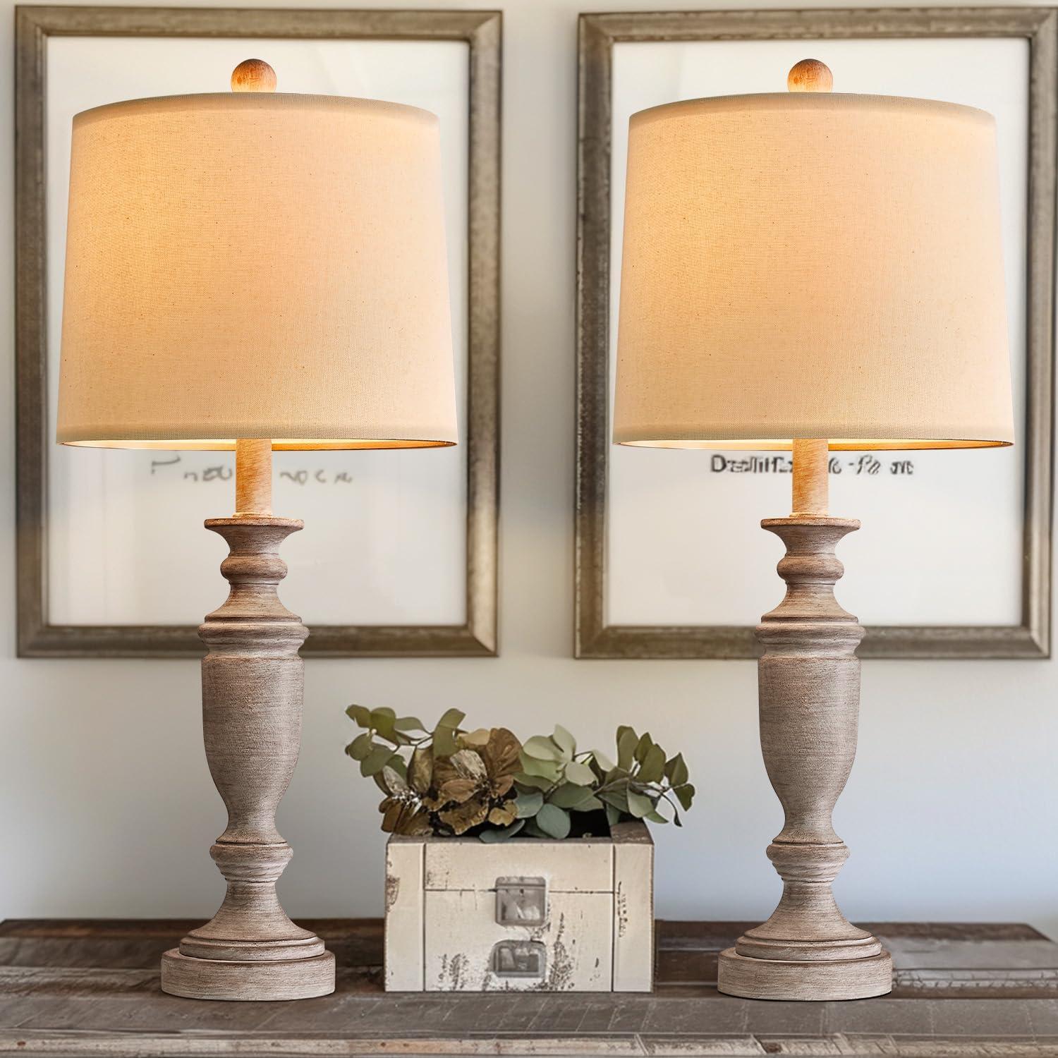 24.5" Beige Linen and Wood Tone Farmhouse Table Lamp Set