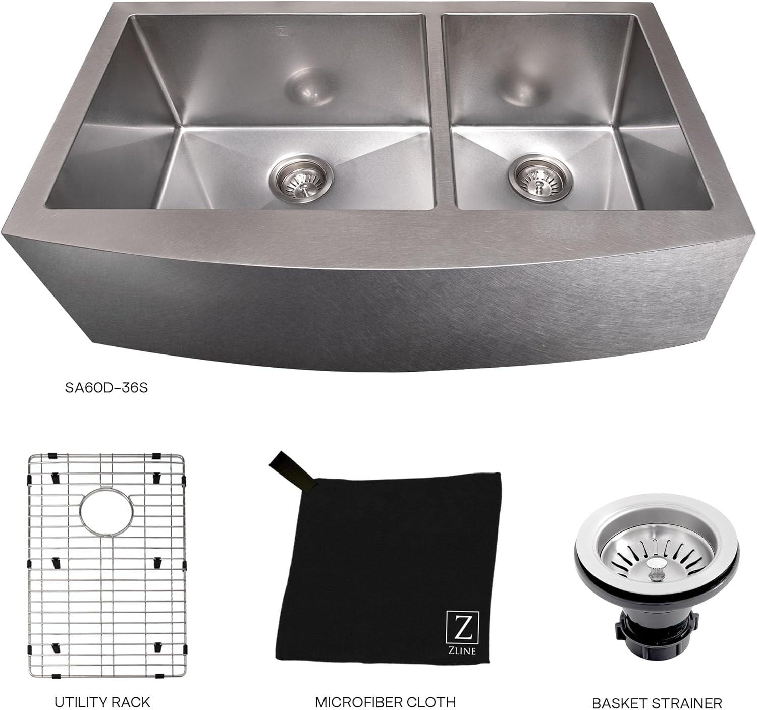 ZLINE 36 in. Courchevel Farmhouse Apron Mount Double Bowl DuraSnow Stainless Steel Kitchen Sink W/ Bottom Grid (SA60D-36S)