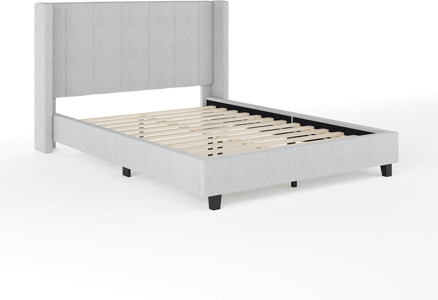 Martha Stewart Kay Full Upholstered Platform Bed with Channel Stitched Wingback Headboard and Cushioned Siderails, Wood Slat Foundation, No Box Spring Needed, Gray