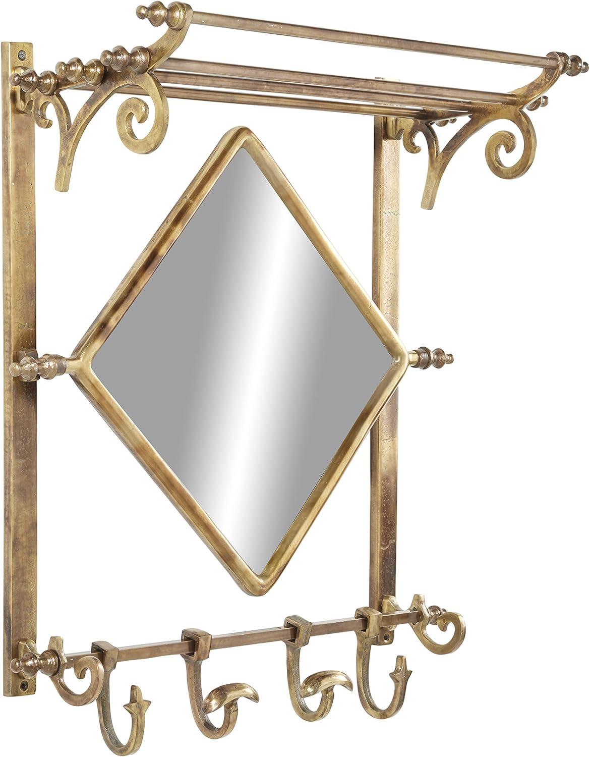 25" x 28" Bathroom Wall Rack with Hooks and Mirror Brass - Olivia & May