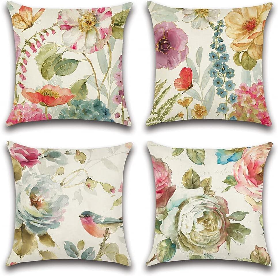 Artscope Set of 4 Waterproof Throw Pillow Covers 18x18 Inches, Pink Roses and Butterfly Pattern Decorative Cushion Covers, Perfect to Outdoor Patio Garden Living Room Sofa Farmhouse Decor