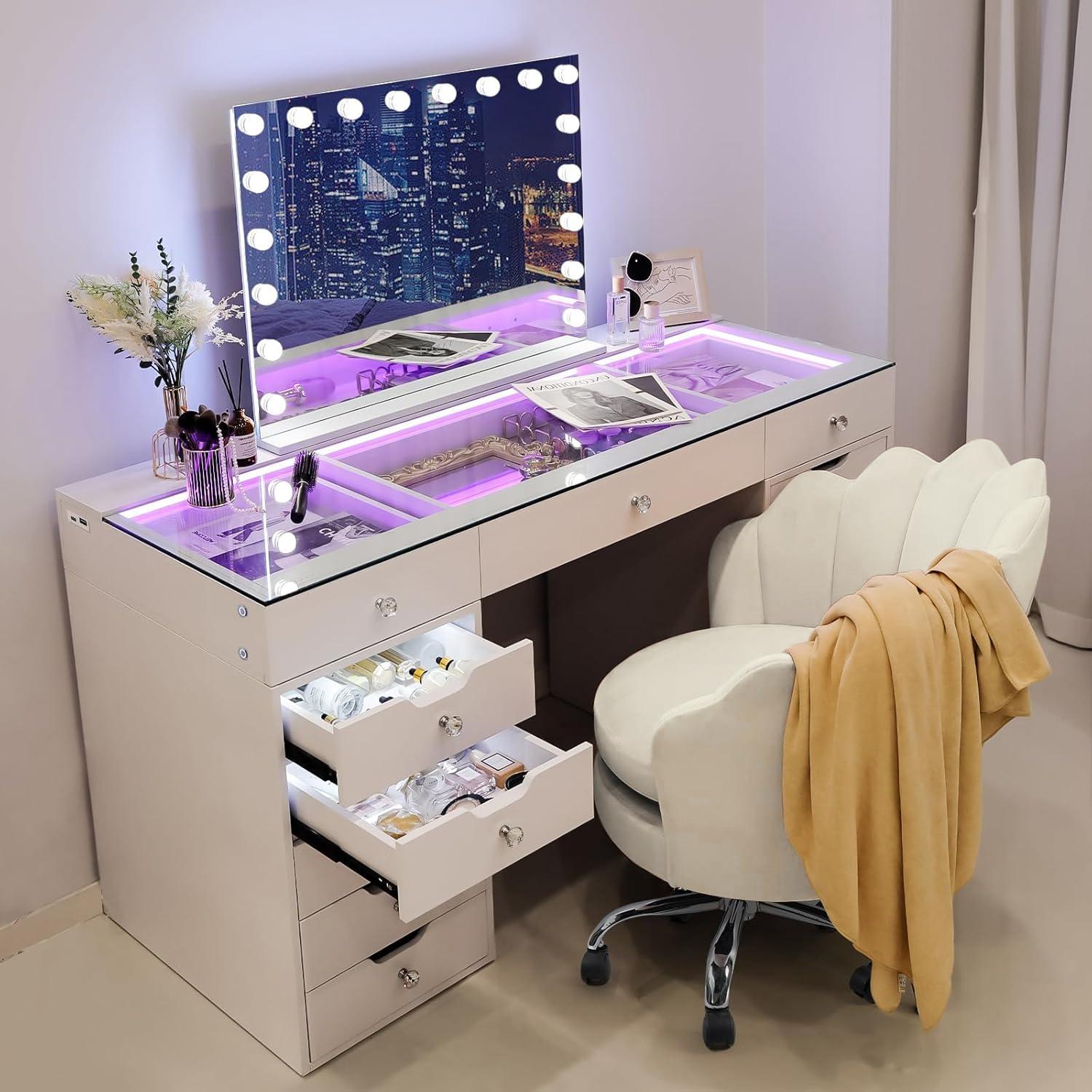 White 60" Vanity Desk with 13 Drawers and LED Lighting