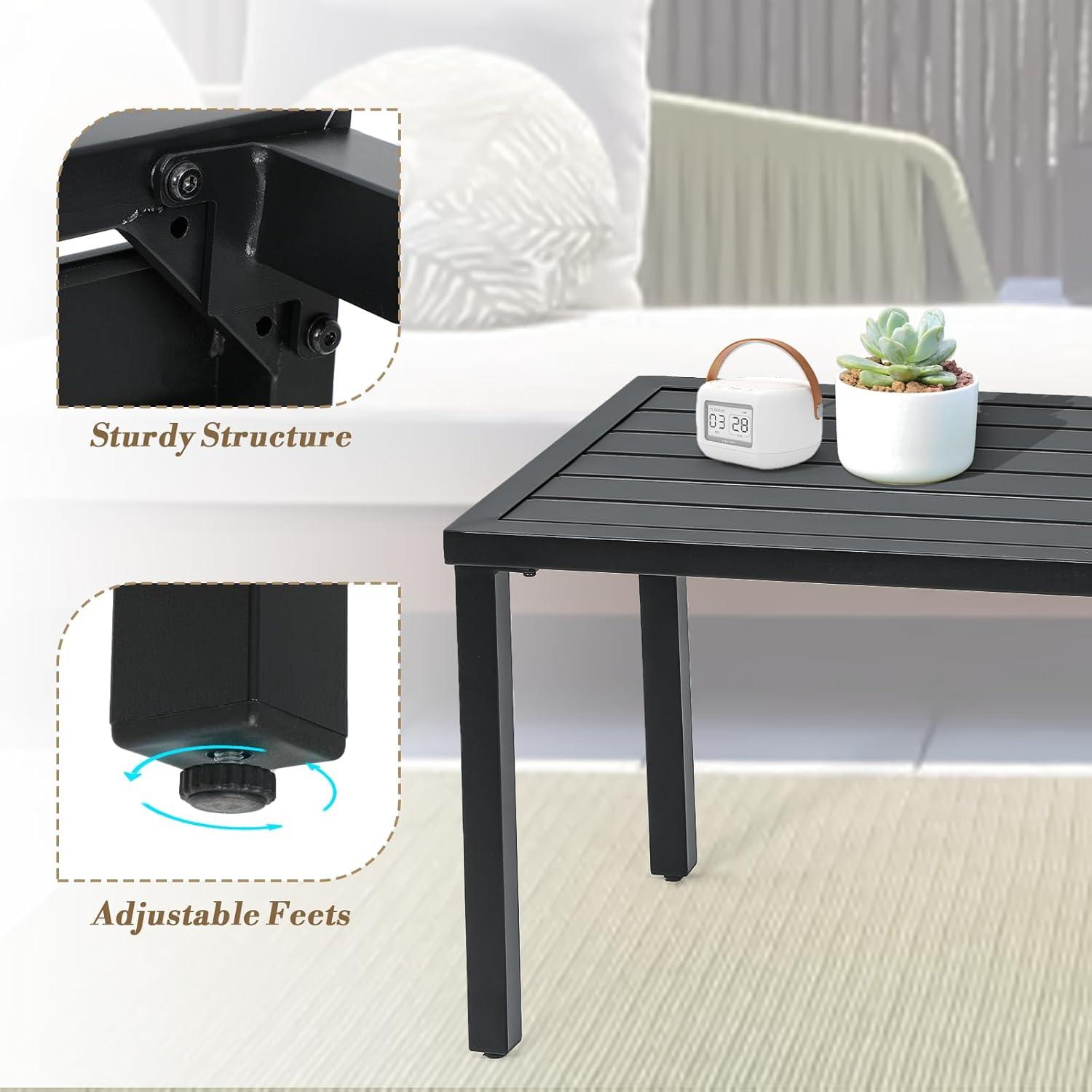 Athena Collection Small Outdoor Patio Coffee Table, 20 x 35 Retangular Metal Outdoor Patio End Table with Slatted Tabletop Waterproof for Indoor, Outside, Bistro, Balcony, Garden, Black