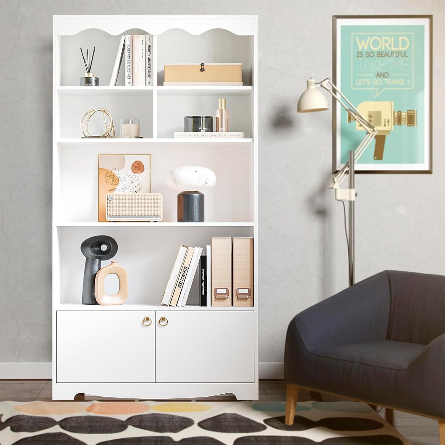 5-Tier White Bookcase, 63 Inch Tall Bookshelf with Open Storage Shelves & Doors, Modern Wooden Floor Standing Display Storage Shelves