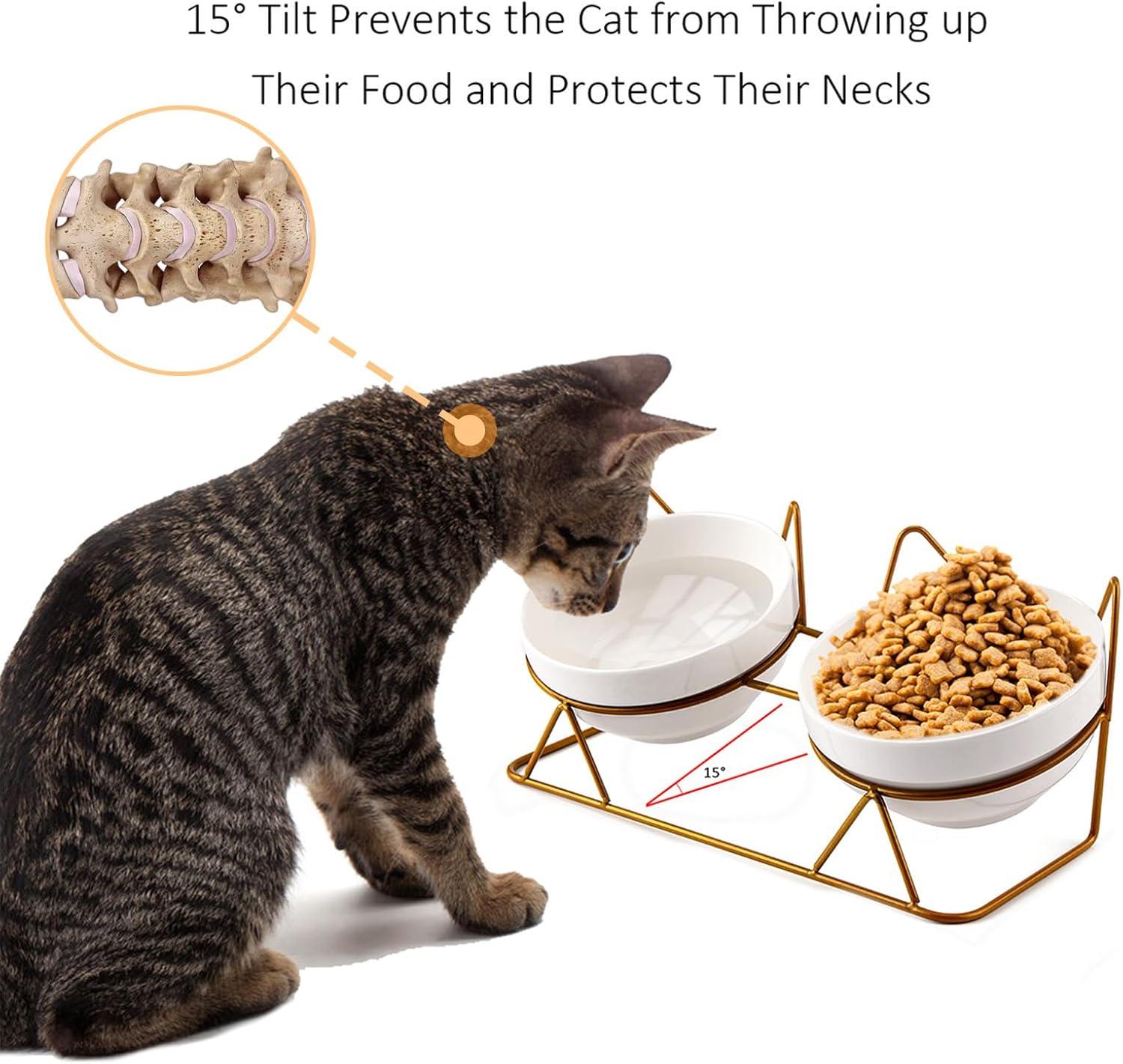 Double White Ceramic Pet Bowls with Gold Tilted Stand