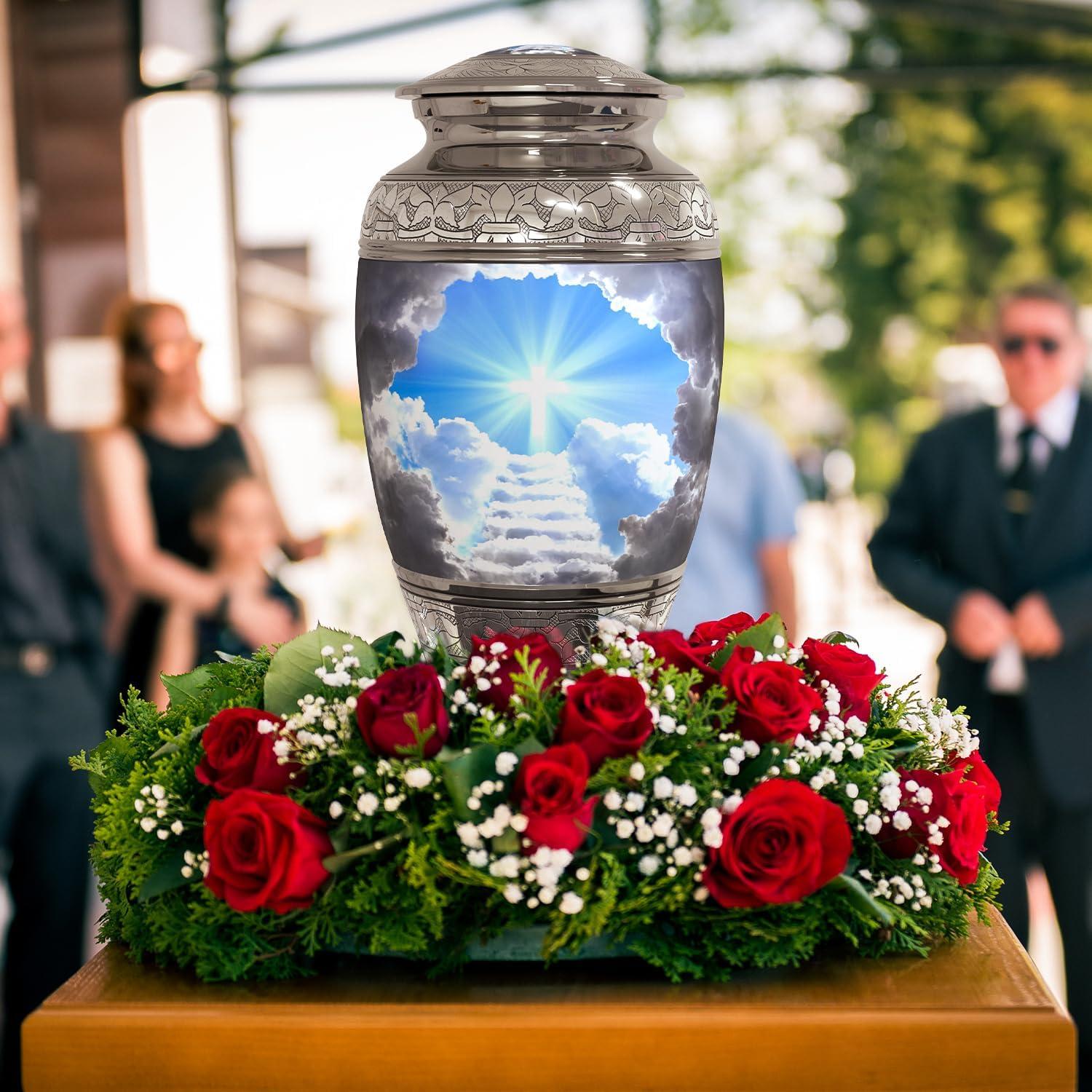 Stairway to Heaven Large Cremation Urn for Human Ashes with Handcrafted Funnel (Christian/Catholic/Cross/Adult/Male/Female)